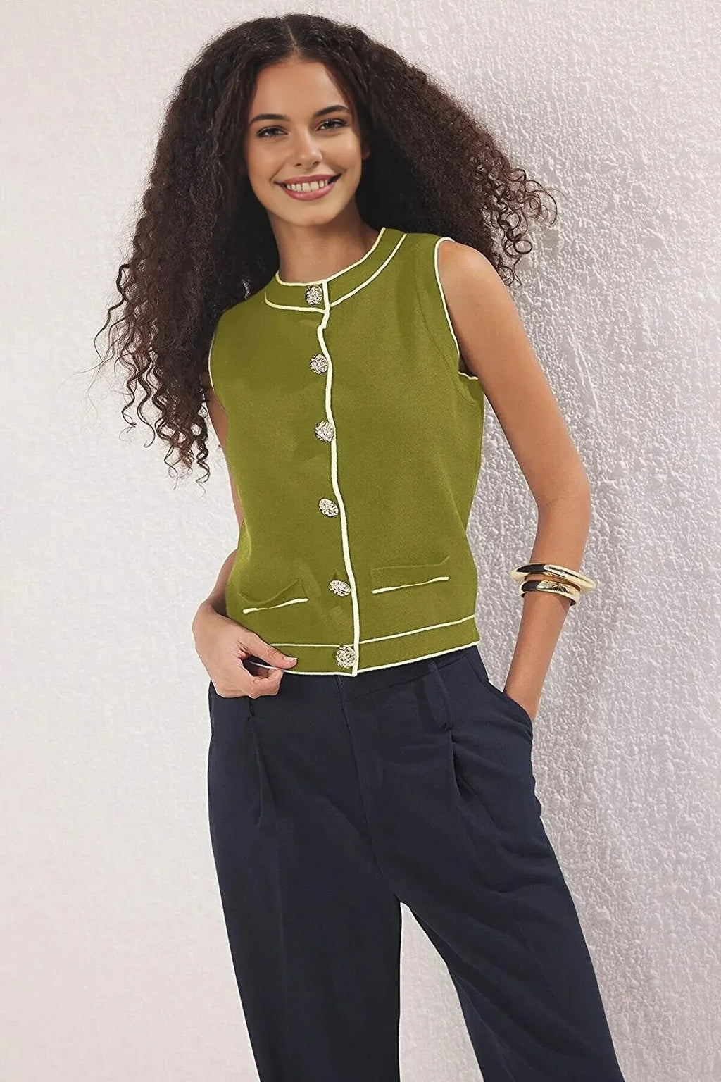 Crew Neck Color Block Knit Thin Blouse