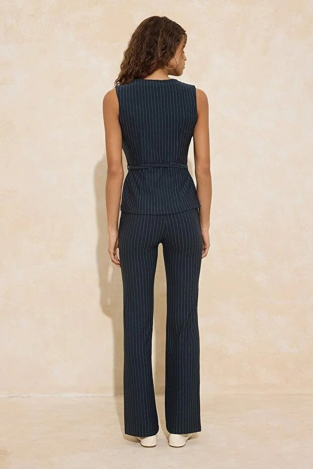 Striped Fitted Snap Button Belted Wide Leg Co-ord