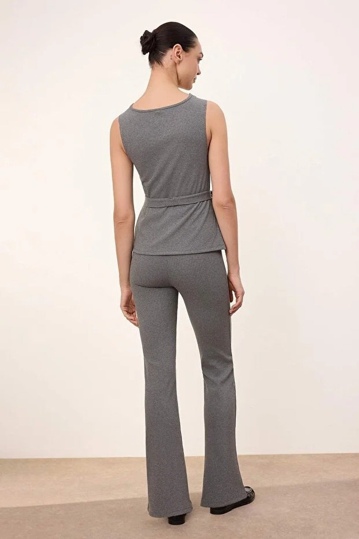 2-Piece Fitted Ribbed Stretch Knit Top and Bottom Set