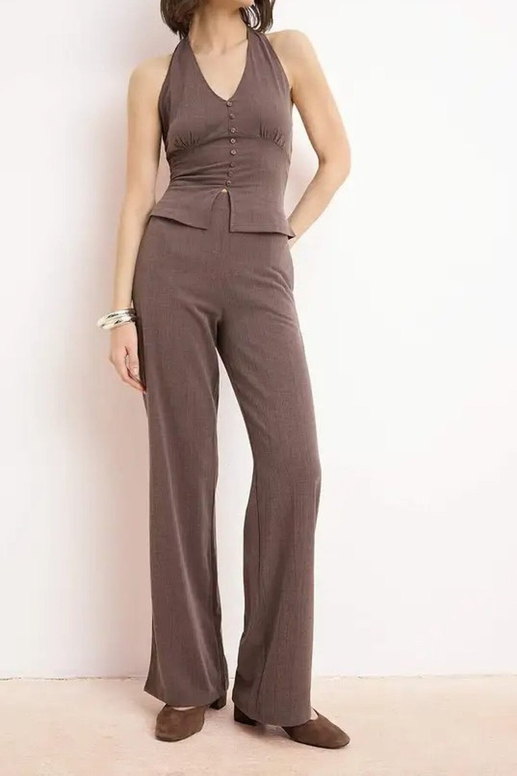 2-Piece Fitted Buttoned Straight Leg Jacquard Knit Top and Bottom Set