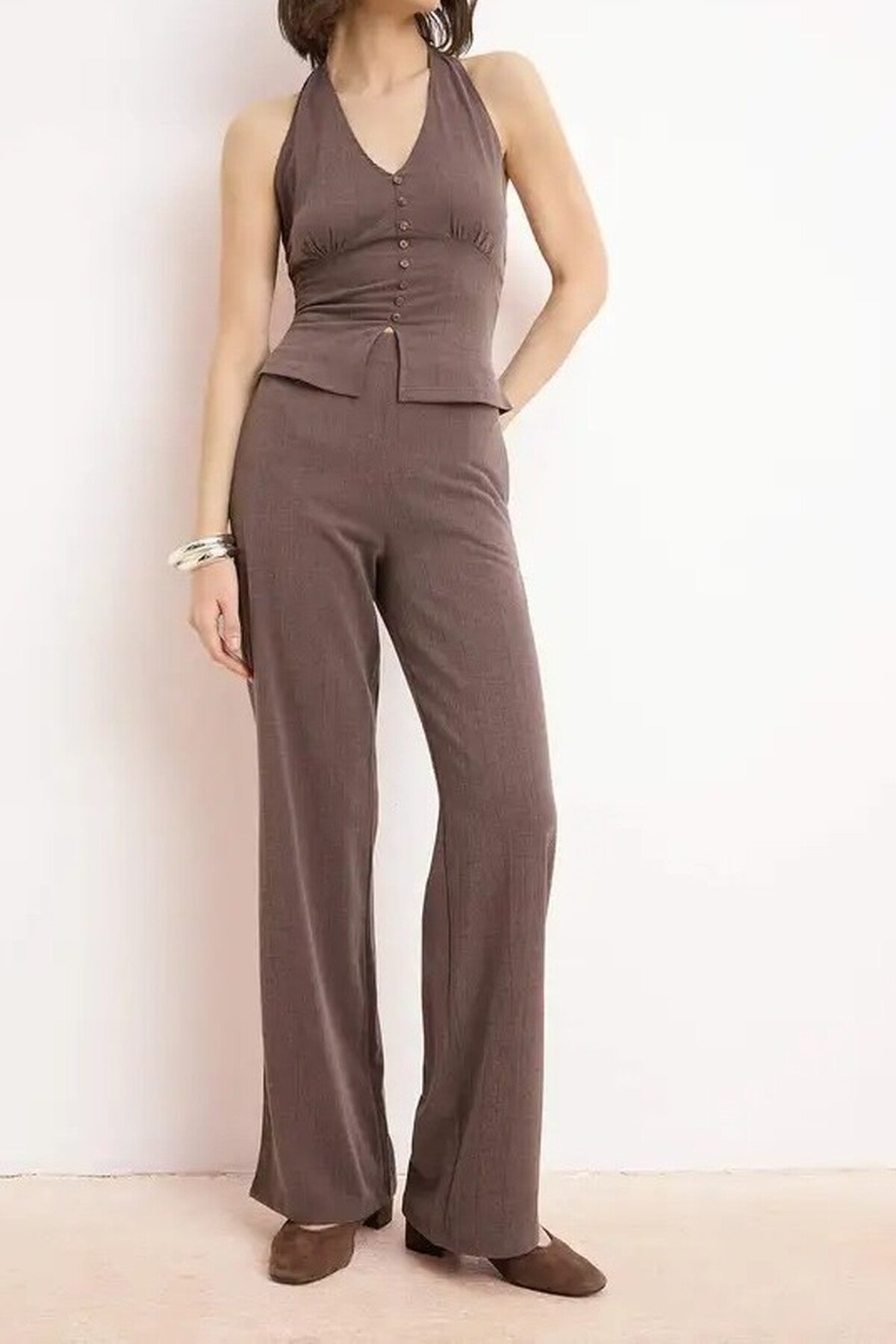 2-Piece Fitted Buttoned Straight Leg Jacquard Knit Top and Bottom Set