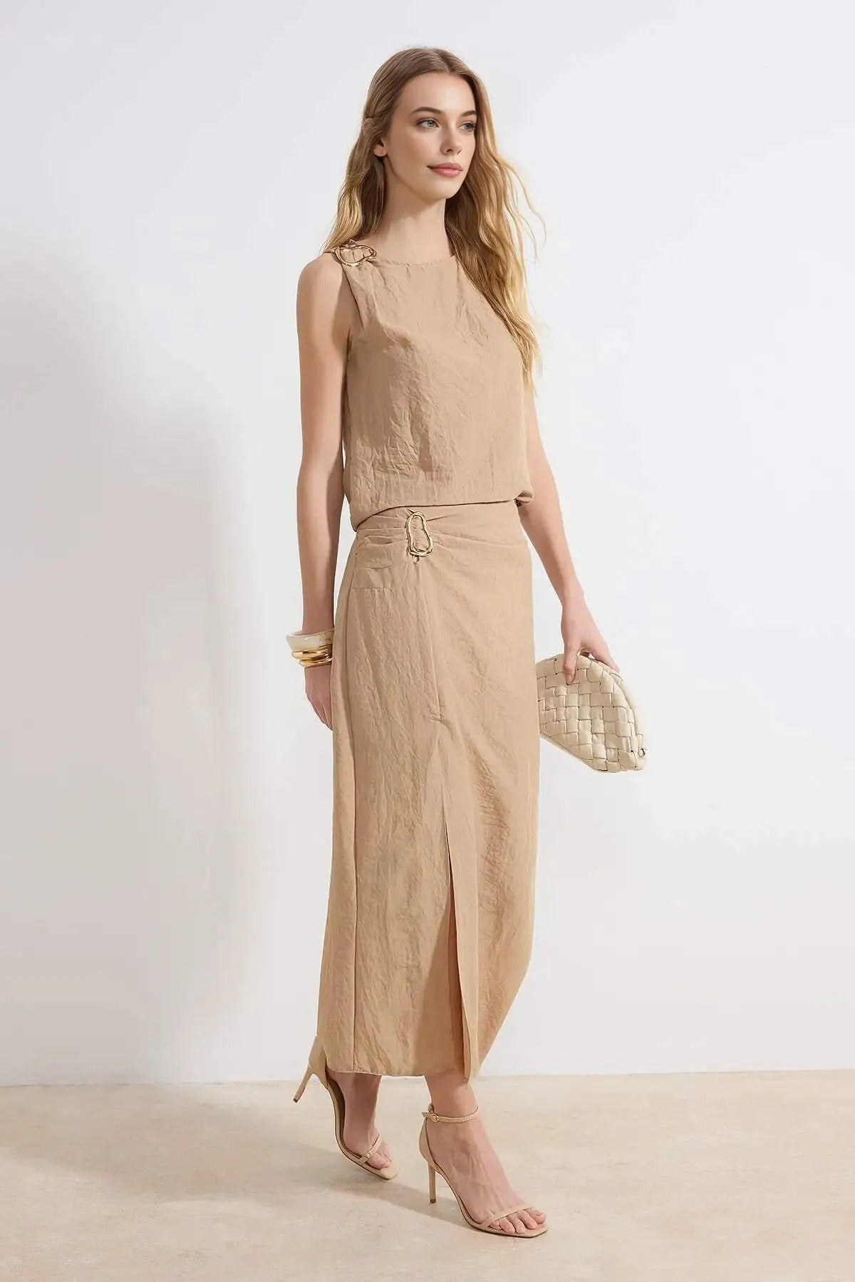 2-Piece Blouse-Skirt Woven Top and Bottom Set with Accessories and Slit Detail