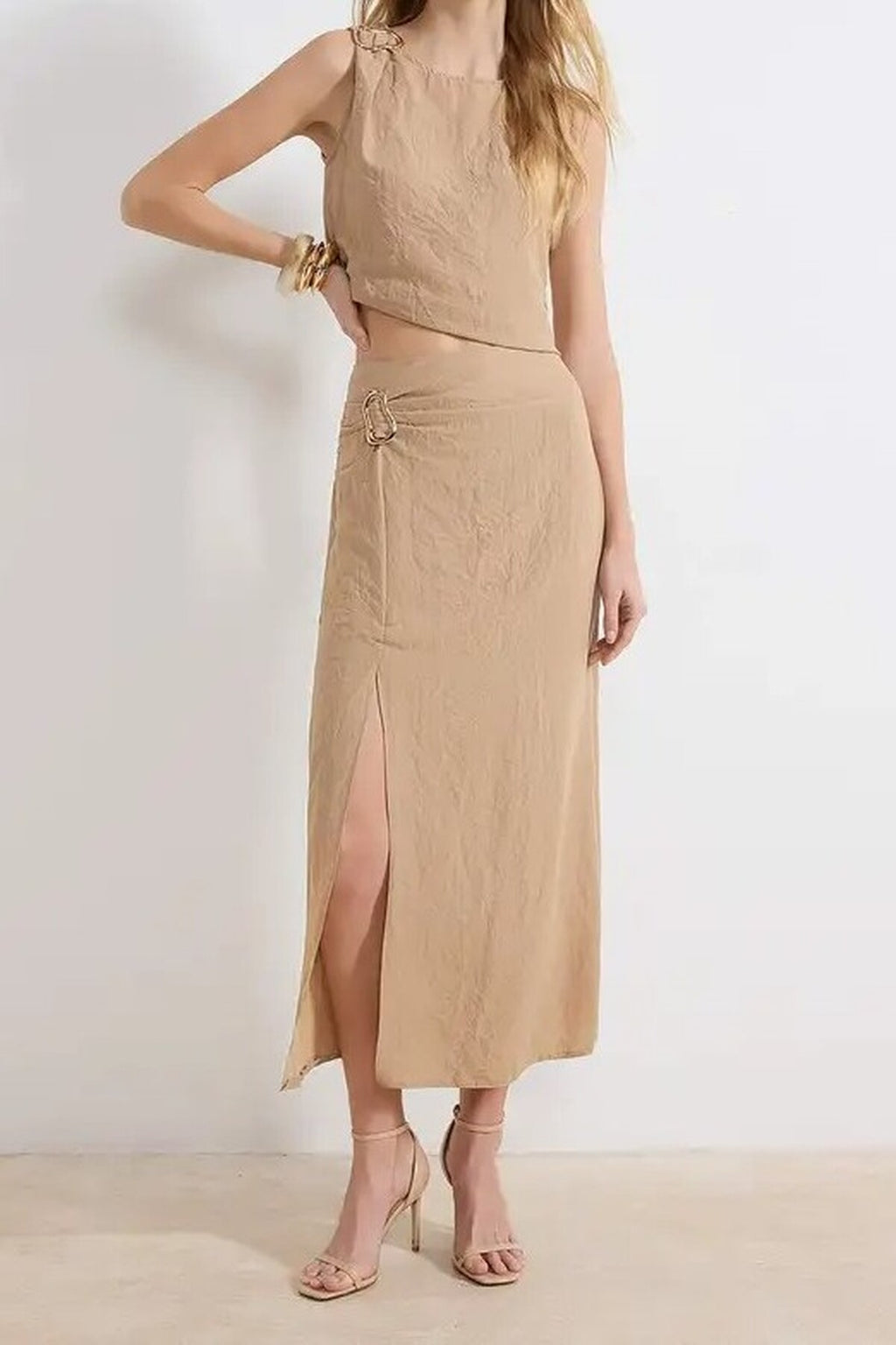 2-Piece Blouse-Skirt Woven Top and Bottom Set with Accessories and Slit Detail