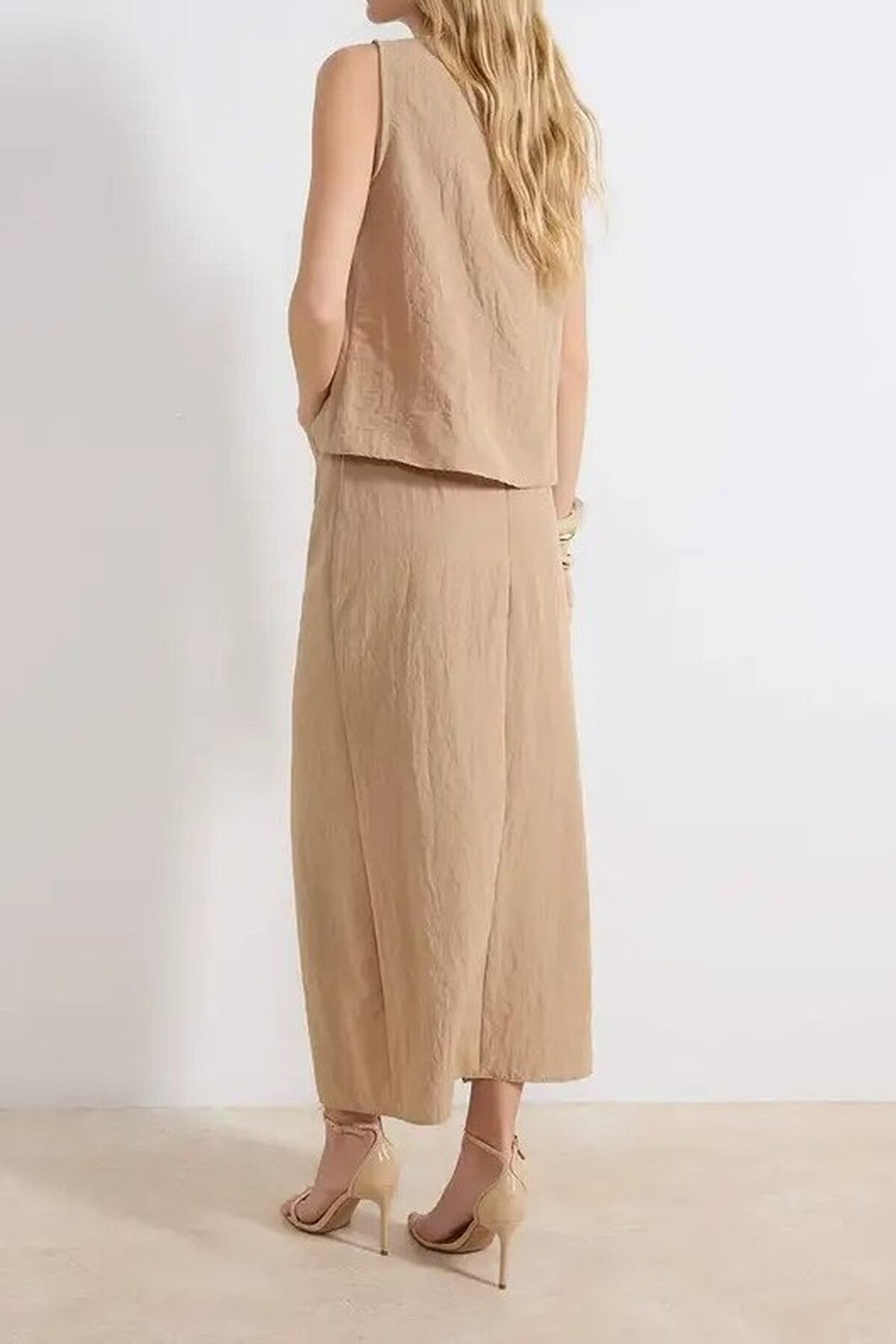 2-Piece Blouse-Skirt Woven Top and Bottom Set with Accessories and Slit Detail