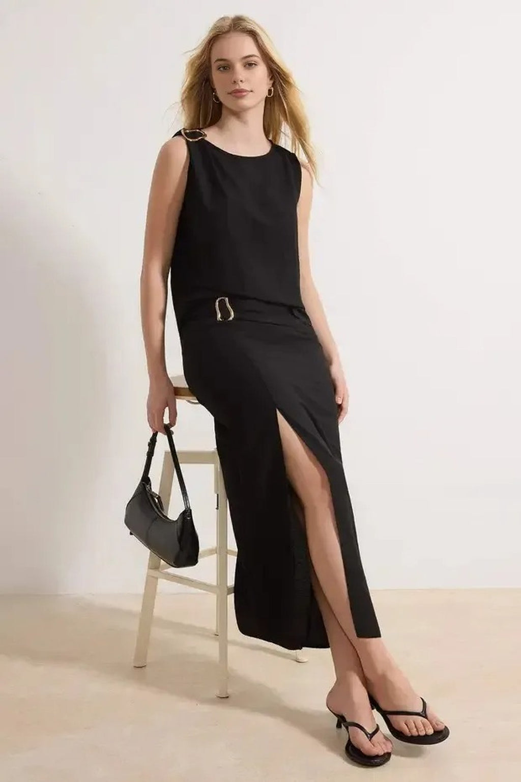 2-Piece Blouse-Skirt Woven Top and Bottom Set with Accessories and Slit Detail