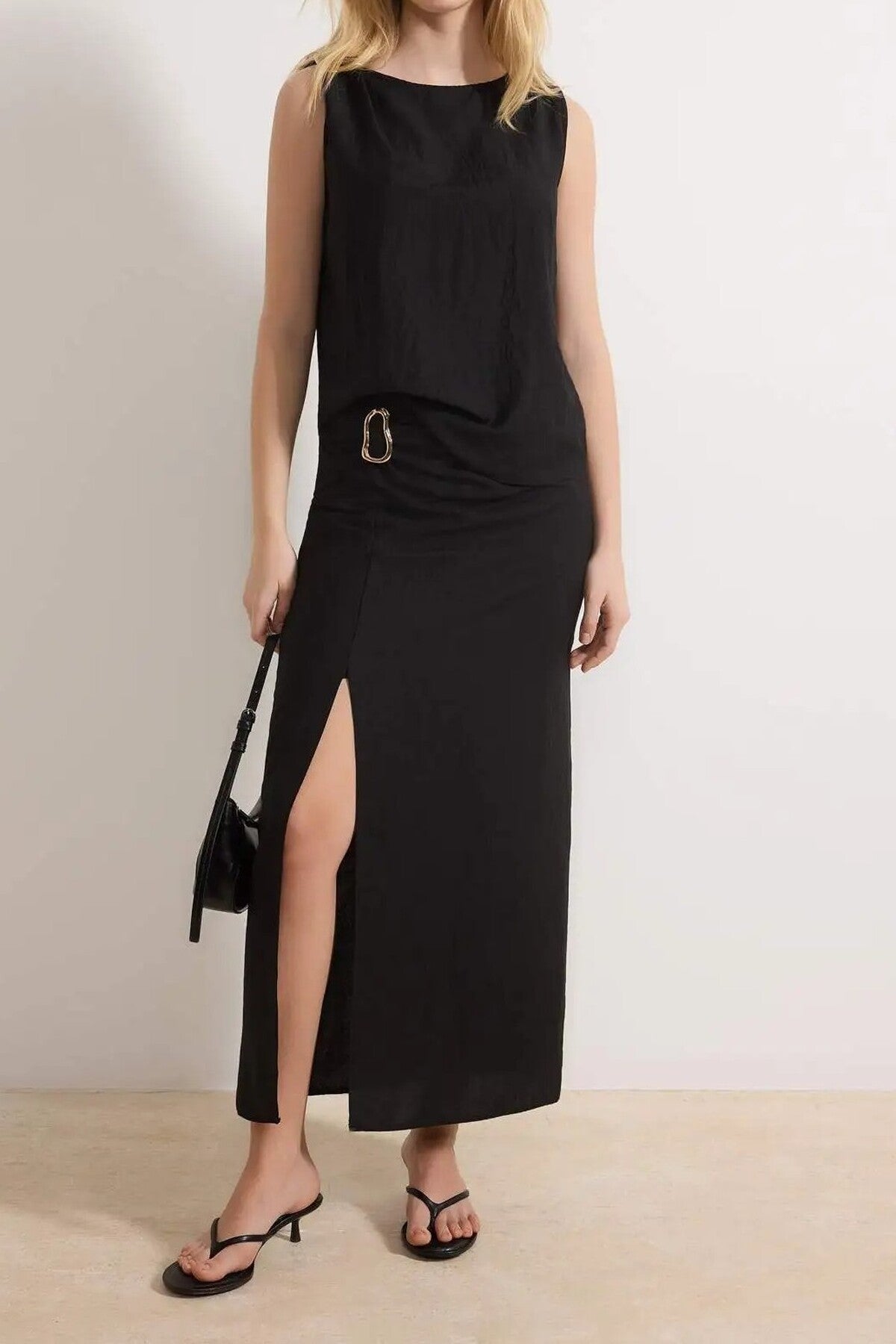 2-Piece Blouse-Skirt Woven Top and Bottom Set with Accessories and Slit Detail