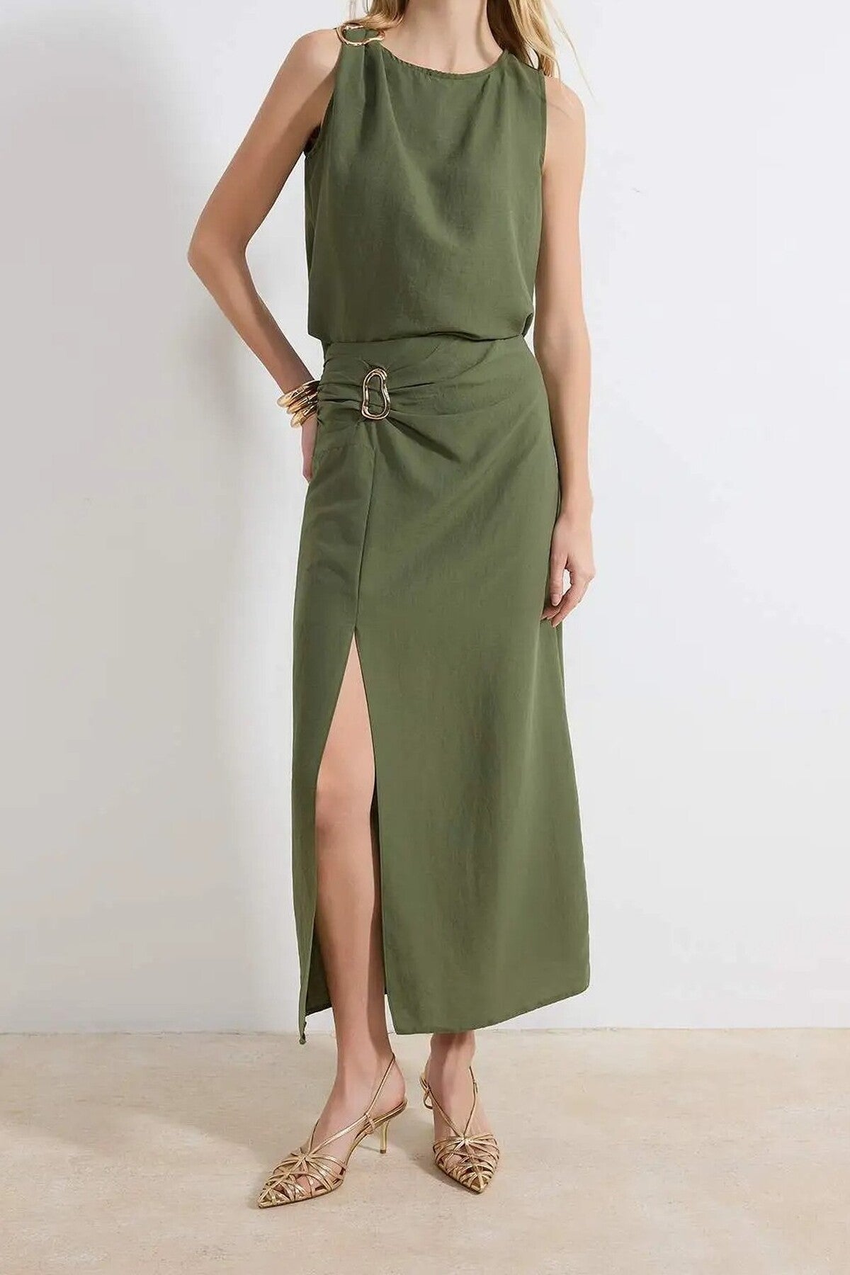 2-Piece Blouse-Skirt Woven Top and Bottom Set with Accessories and Slit Detail