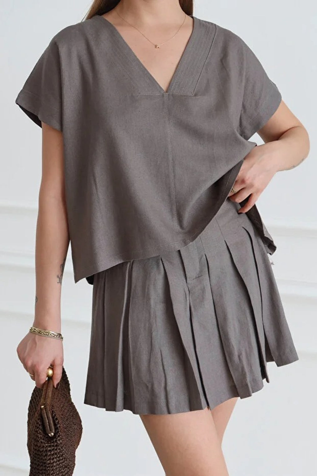 2-Piece Linen Skirt and Blouse Woven Top and Bottom Set