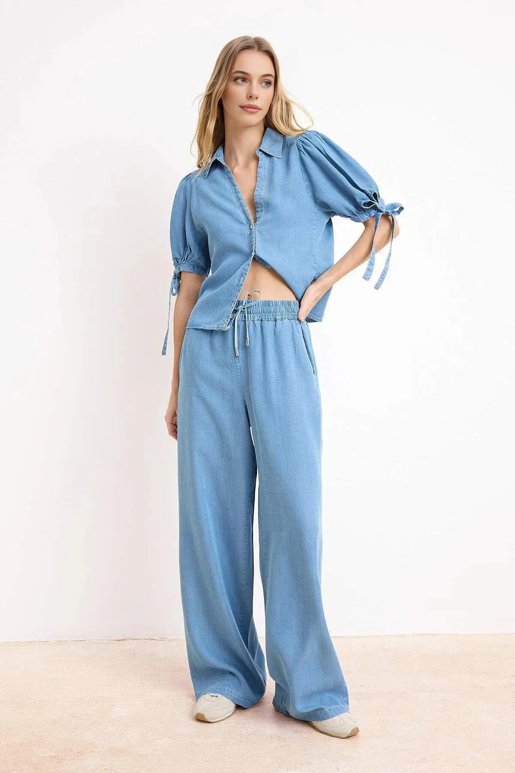 2-Piece Draped Thin Fabric Denim Top and Bottom