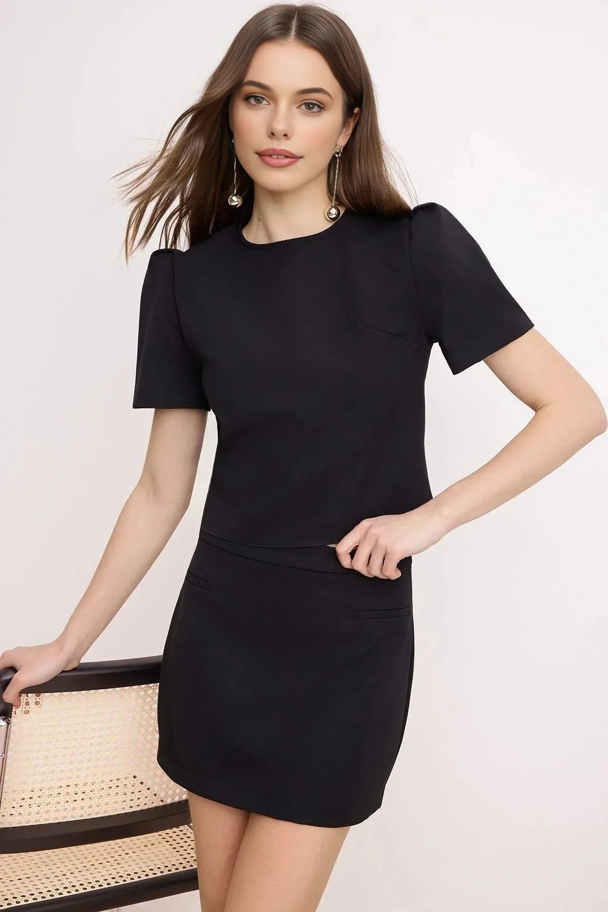 2-Piece Balloon Sleeve Blouse and Mini Skirt Woven Top and Bottom Set