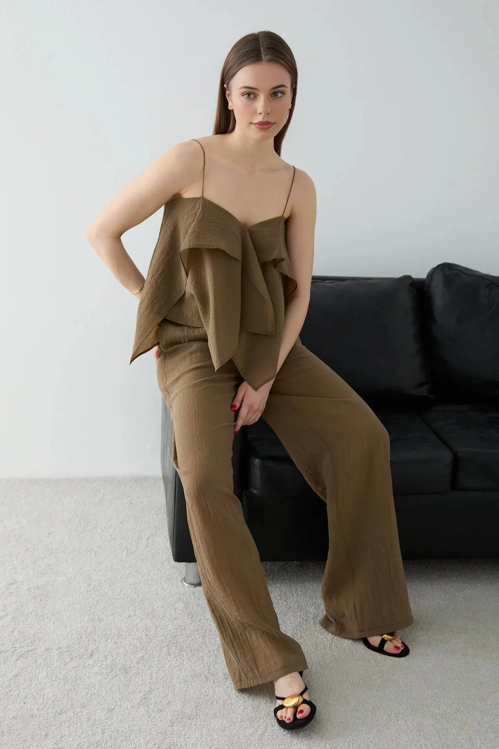2-Piece Thin Strapped Ruffled Woven Blouse and Pants Set