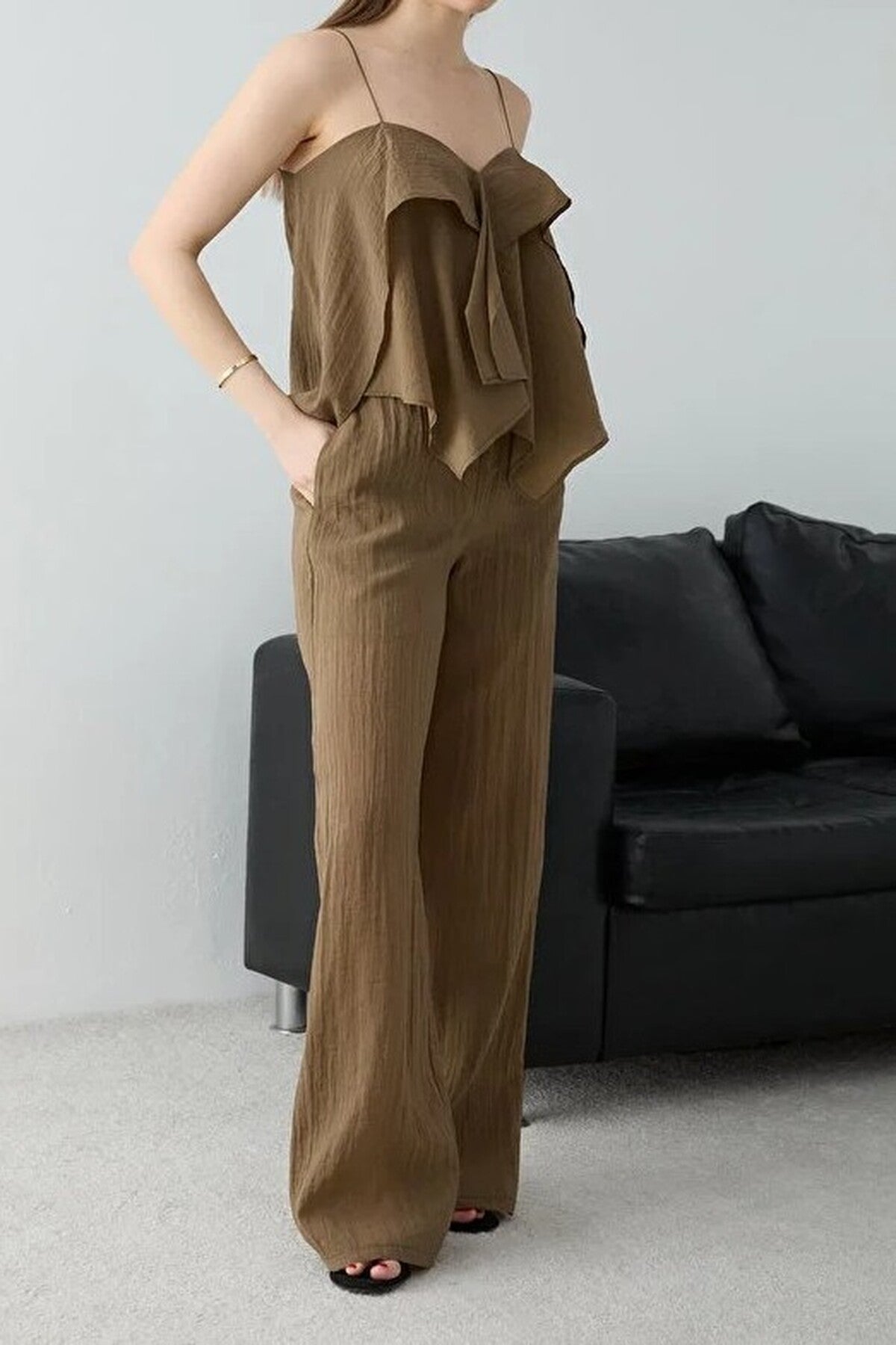 2-Piece Thin Strapped Ruffled Woven Blouse and Pants Set