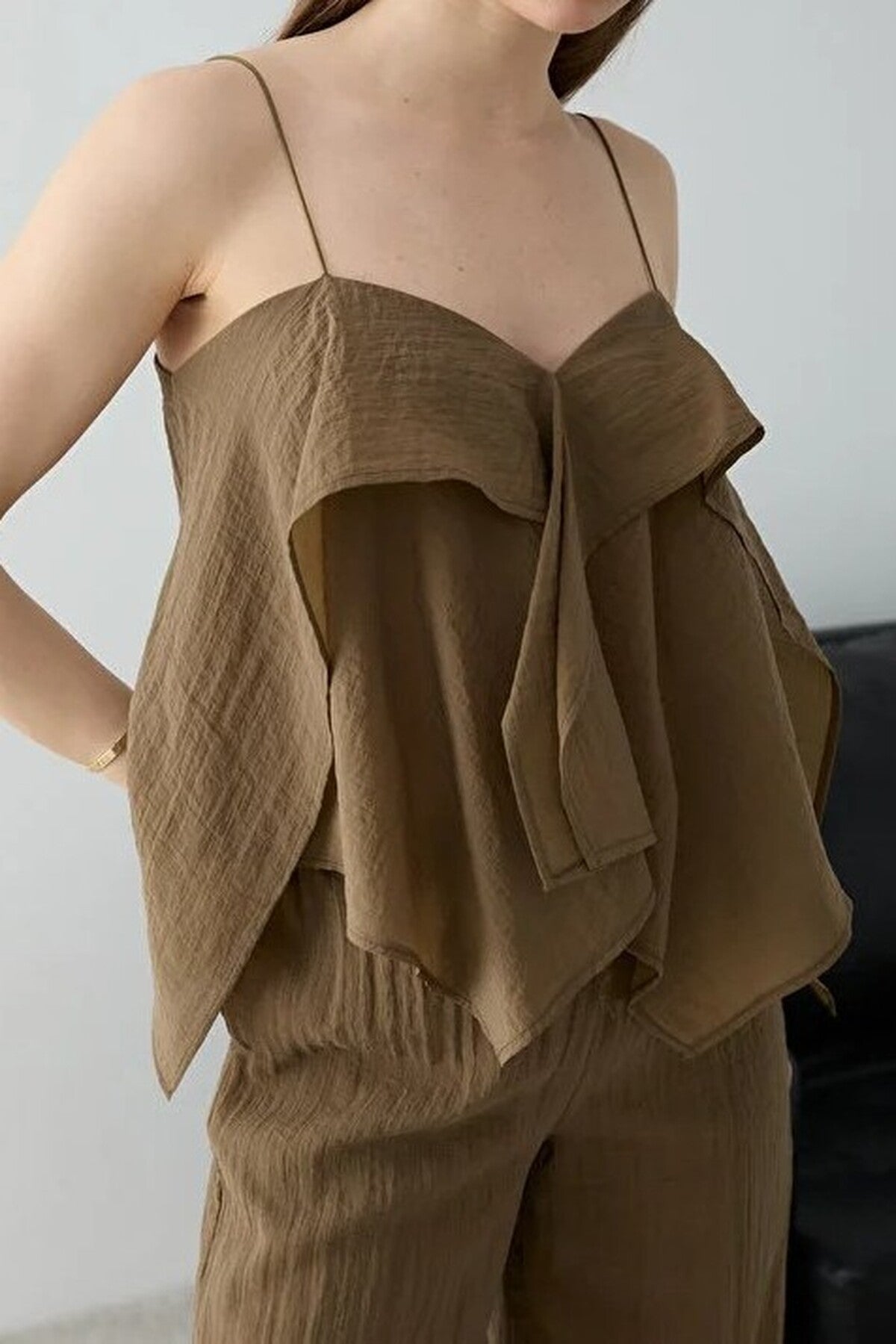 2-Piece Thin Strapped Ruffled Woven Blouse and Pants Set