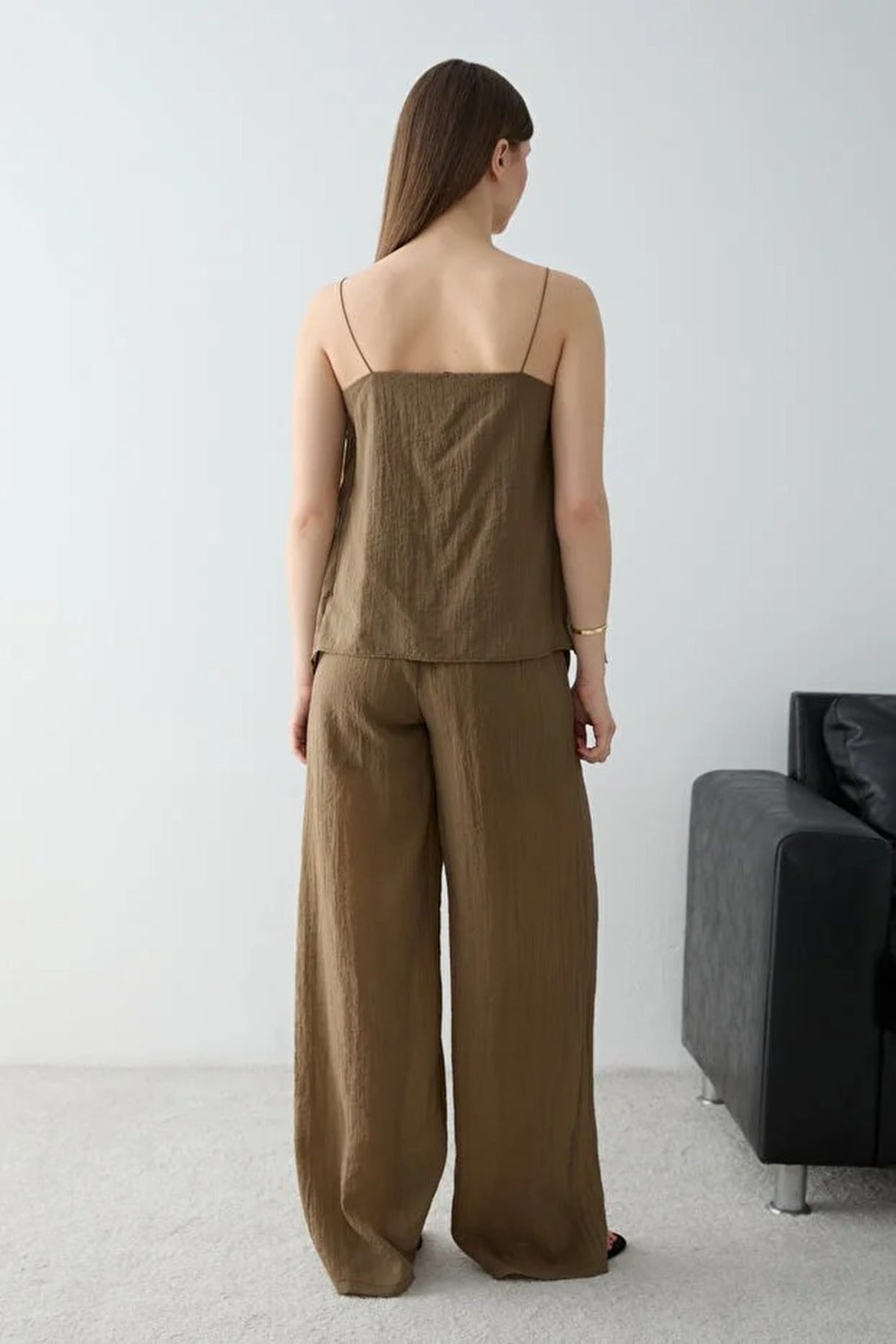 2-Piece Thin Strapped Ruffled Woven Blouse and Pants Set