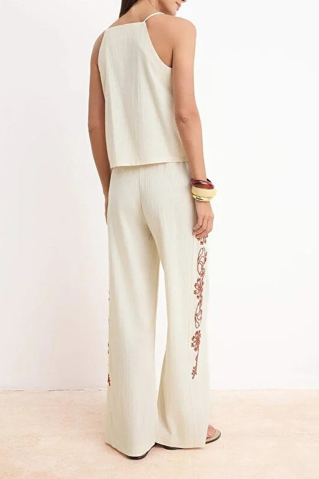 2-Piece Embroidered Blouse Wide-Leg Trousers Woven Top and Bottom Set