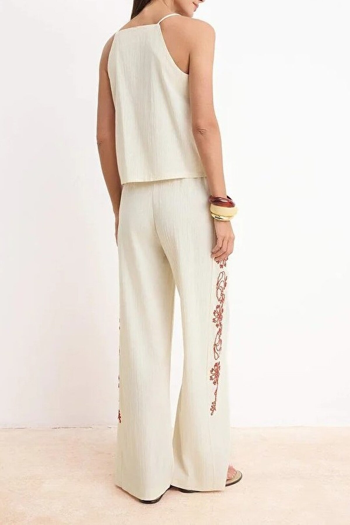 2-Piece Embroidered Blouse Wide-Leg Trousers Woven Top and Bottom Set