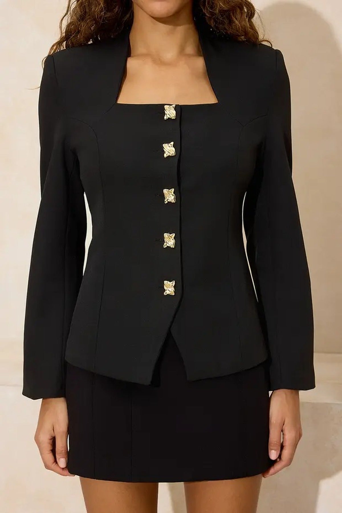 Square Neck Accessory Buttoned Lined Blazer Jacket
