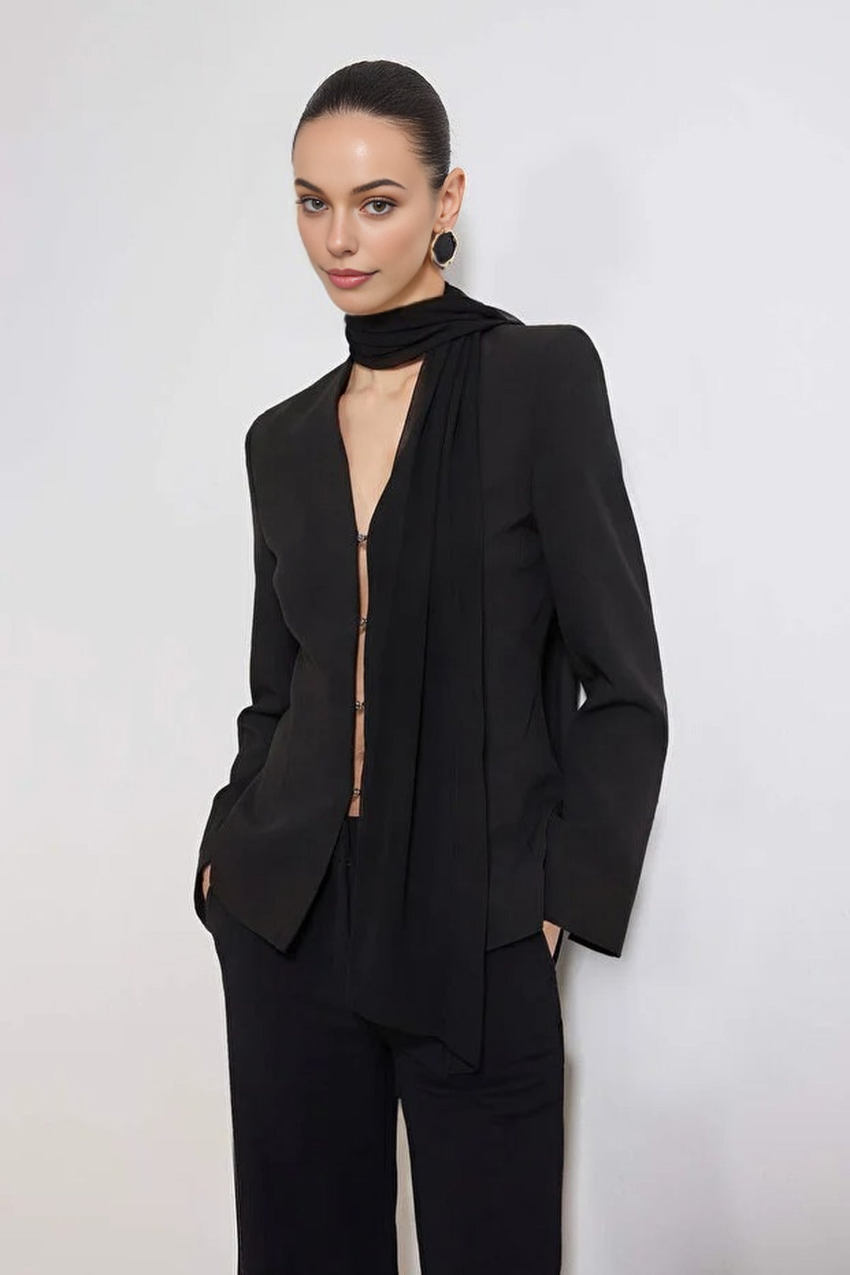 Chiffon Shawl Detail Fitted Woven Blazer Jacket with Hook and Eye Closure