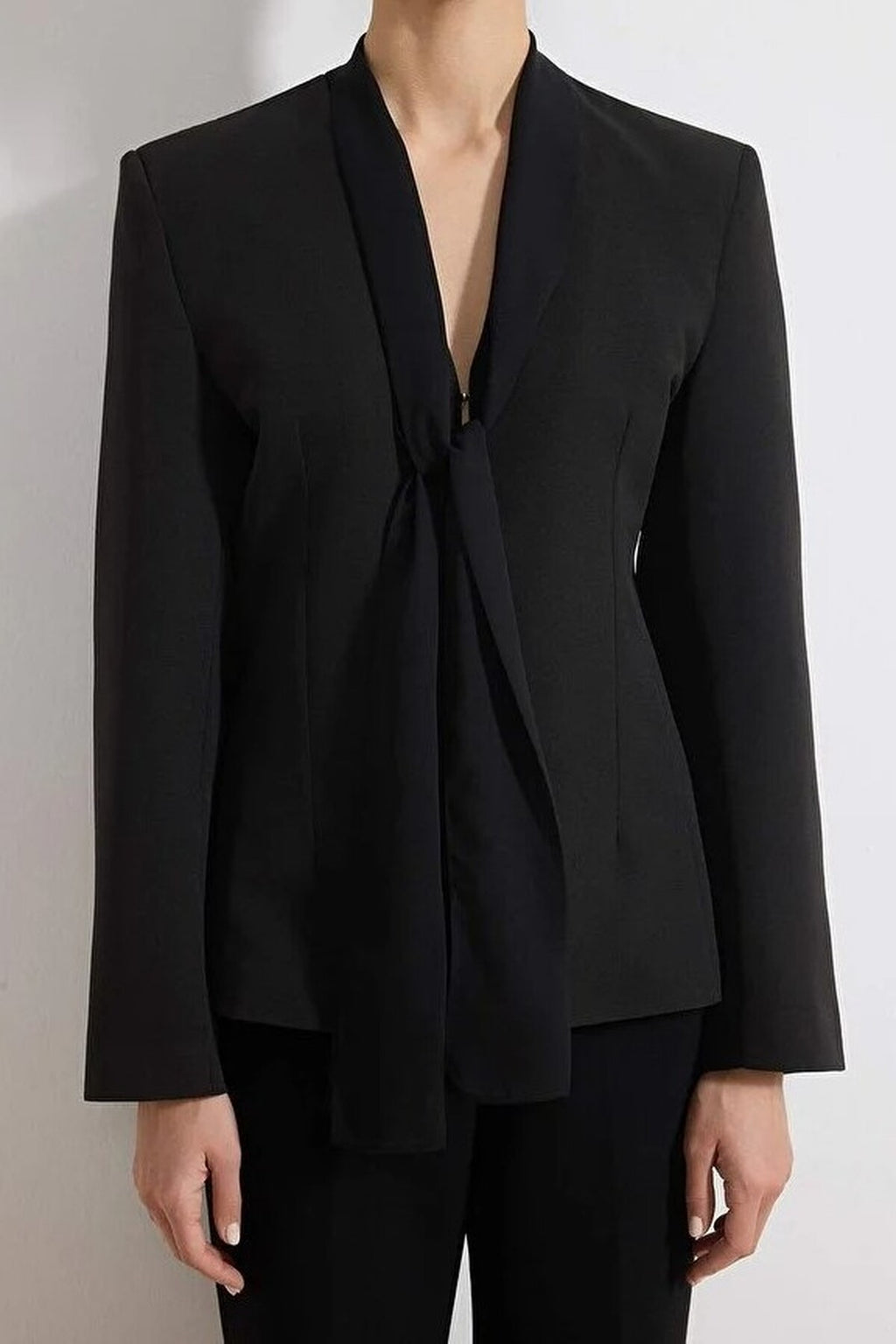 Chiffon Shawl Detail Fitted Woven Blazer Jacket with Hook and Eye Closure