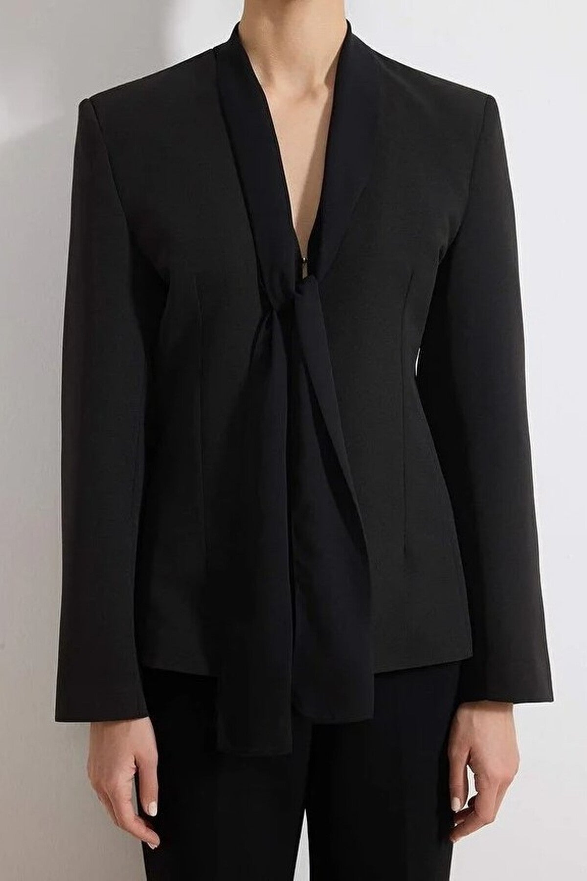 Chiffon Shawl Detail Fitted Woven Blazer Jacket with Hook and Eye Closure
