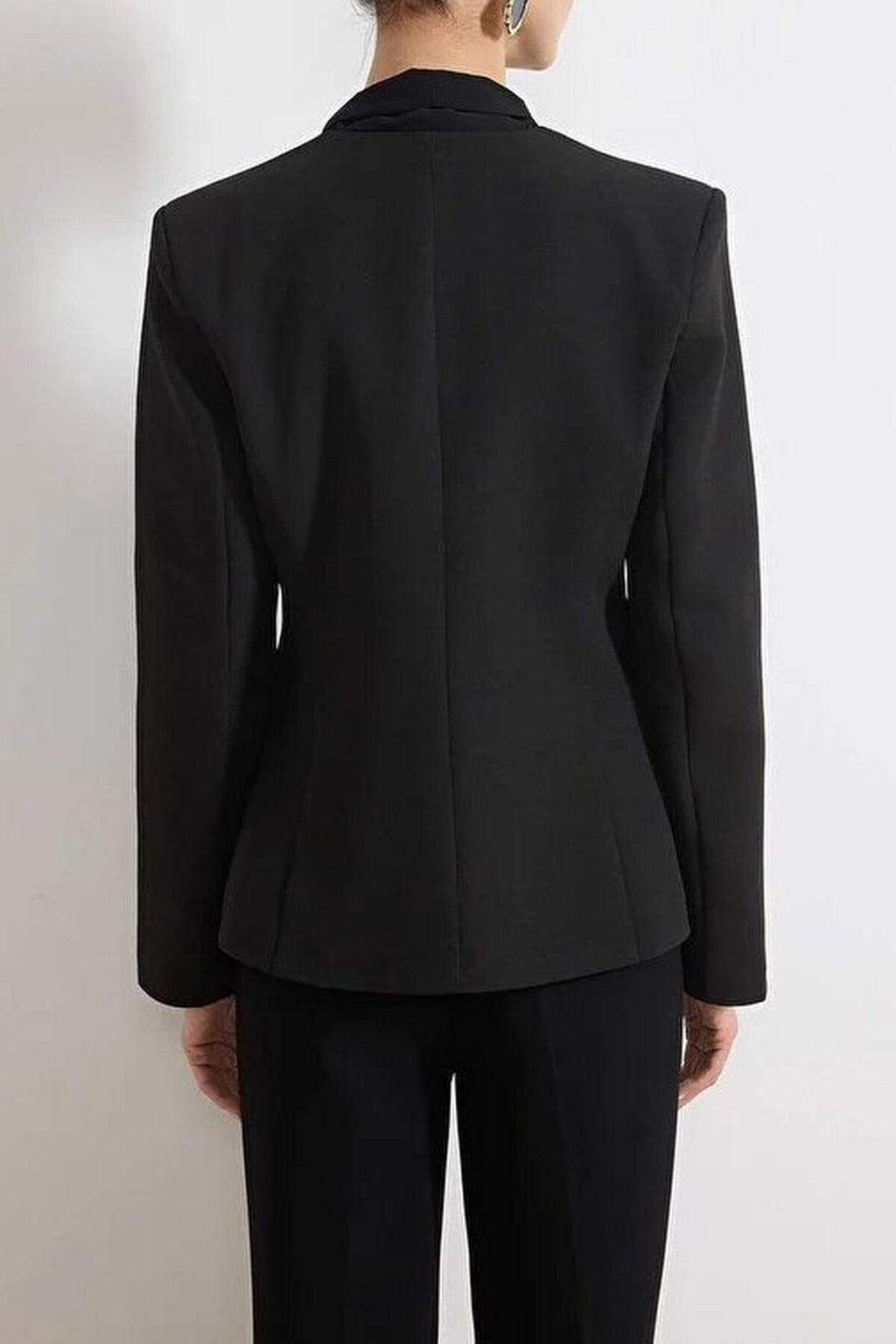 Chiffon Shawl Detail Fitted Woven Blazer Jacket with Hook and Eye Closure