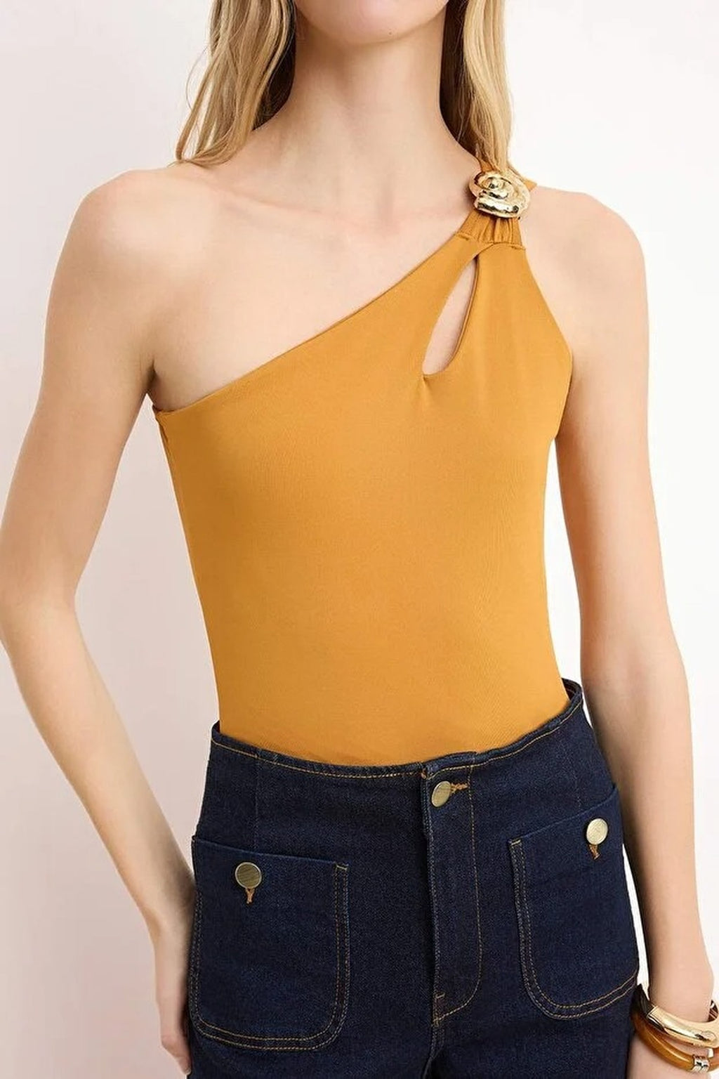 Asymmetrical Neckline Knitted Bodysuit with Accessory Detail