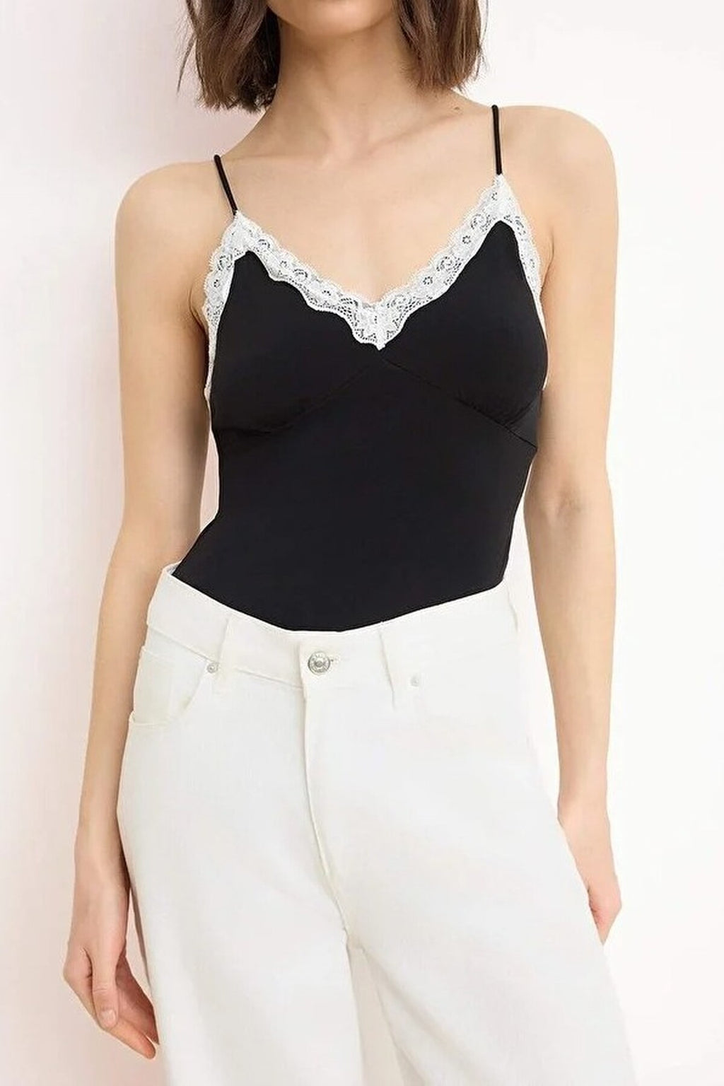 Fitted V-neck Bodysuit with Lace Detail and Stretchy Knit