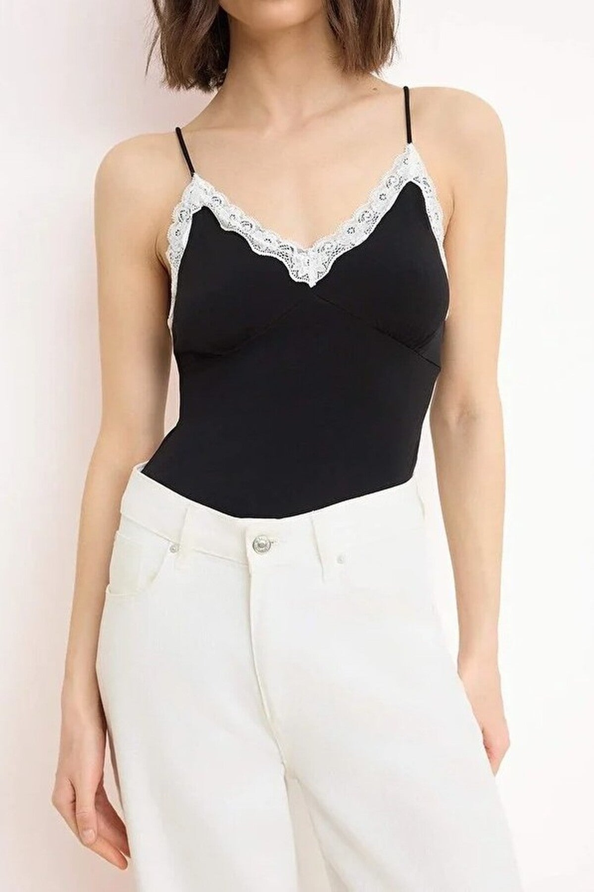 Fitted V-neck Bodysuit with Lace Detail and Stretchy Knit