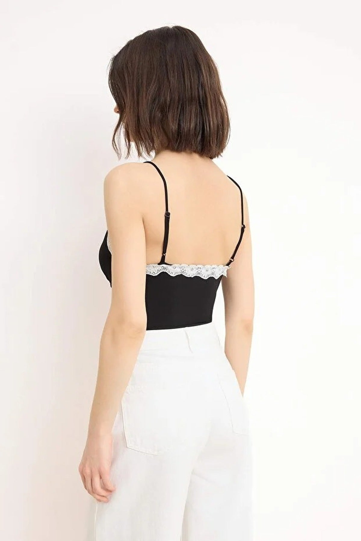 Fitted V-neck Bodysuit with Lace Detail and Stretchy Knit