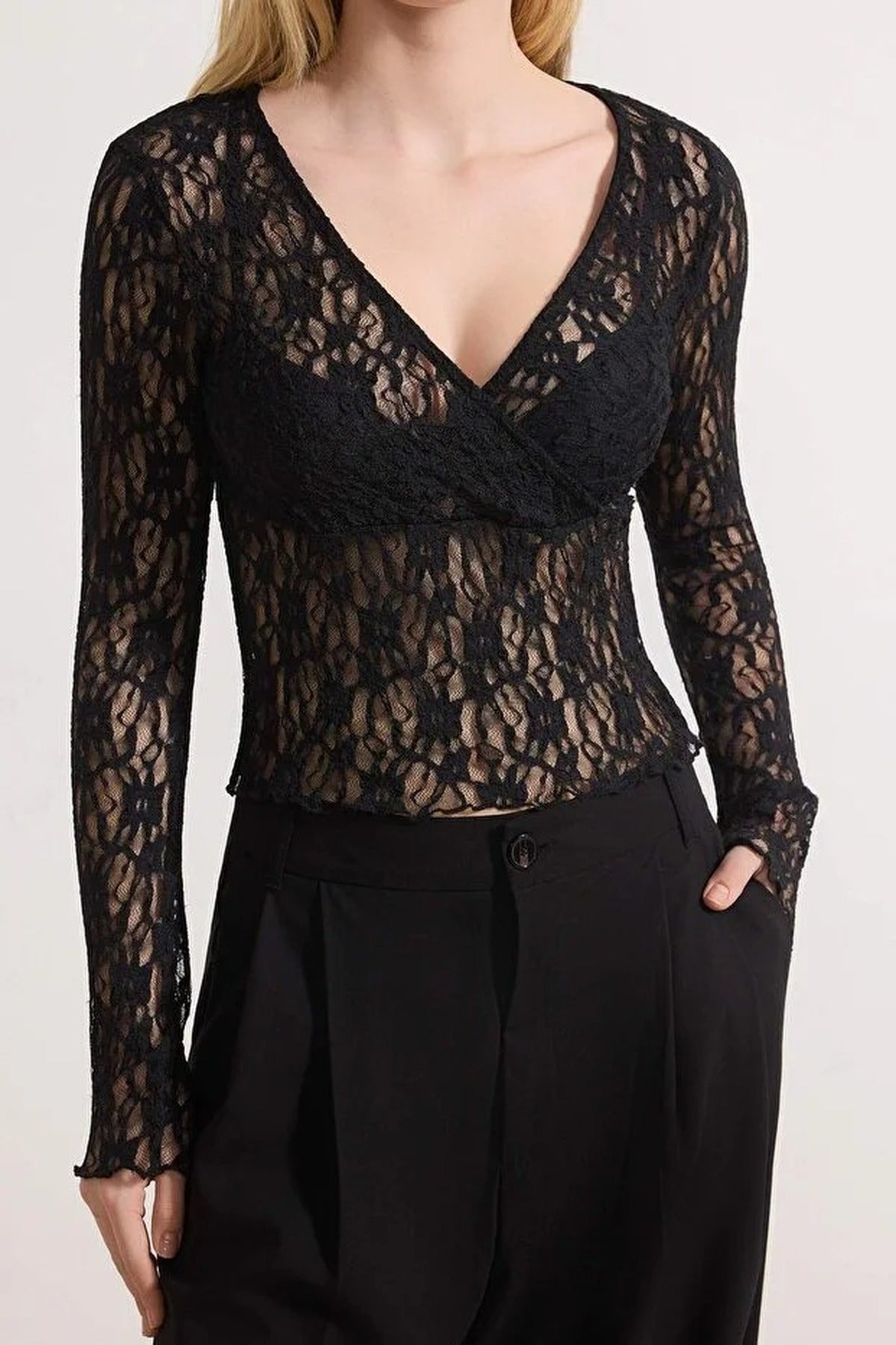 Fitted Wrap Front Long Sleeve Lace Blouse