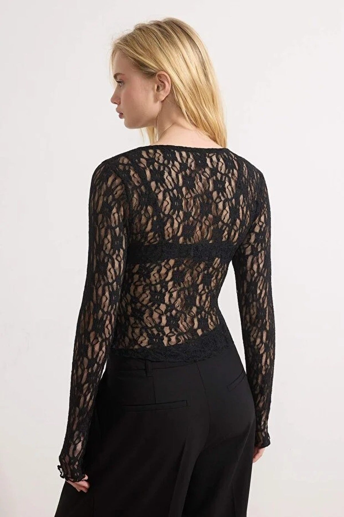 Fitted Wrap Front Long Sleeve Lace Blouse