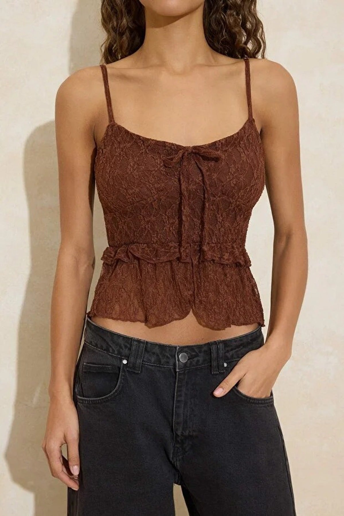 Fitted V-Neck Ruffled Lace Knit Blouse