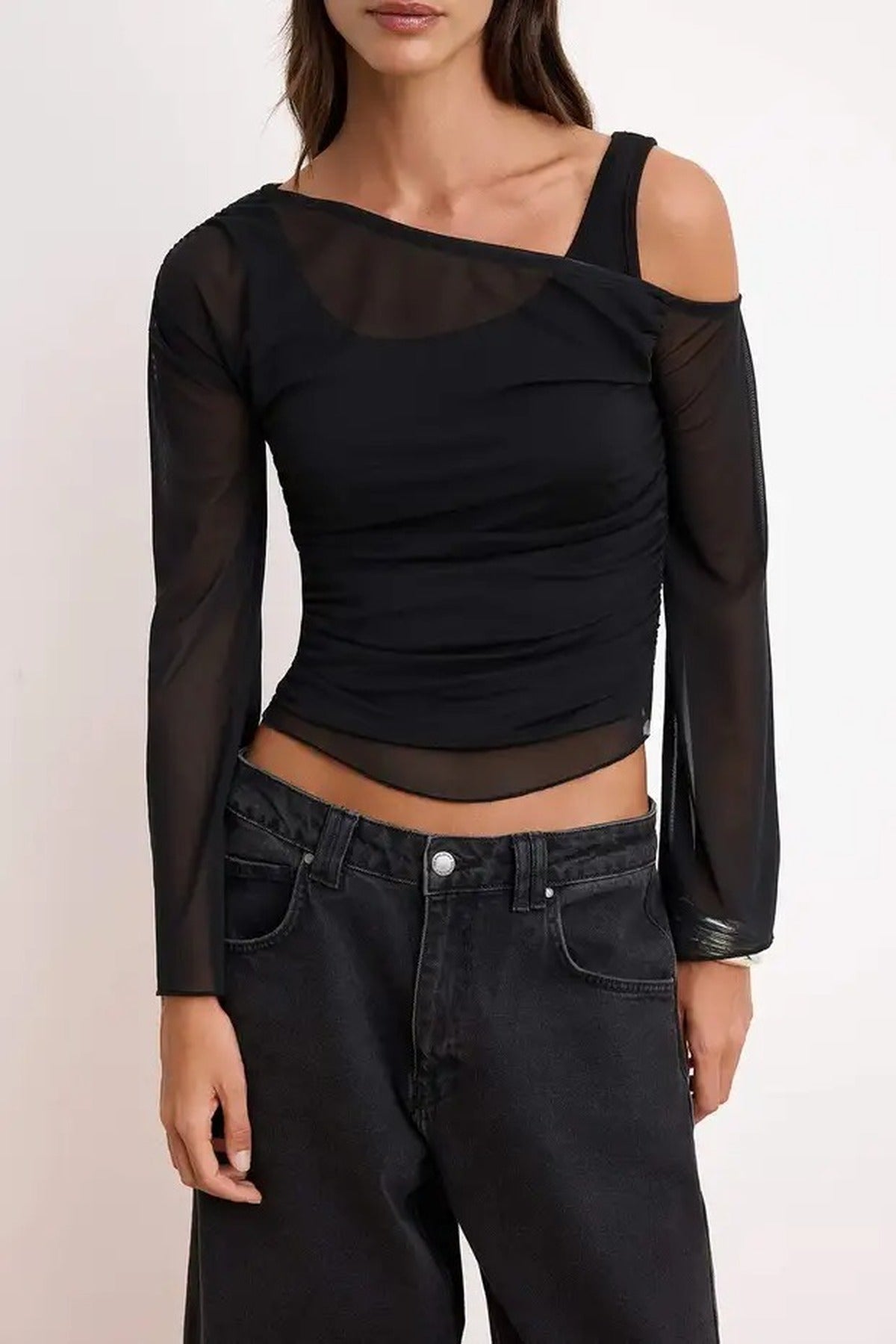 Fitted Asymmetric Neck Long Sleeve Ruched Mesh Blouse