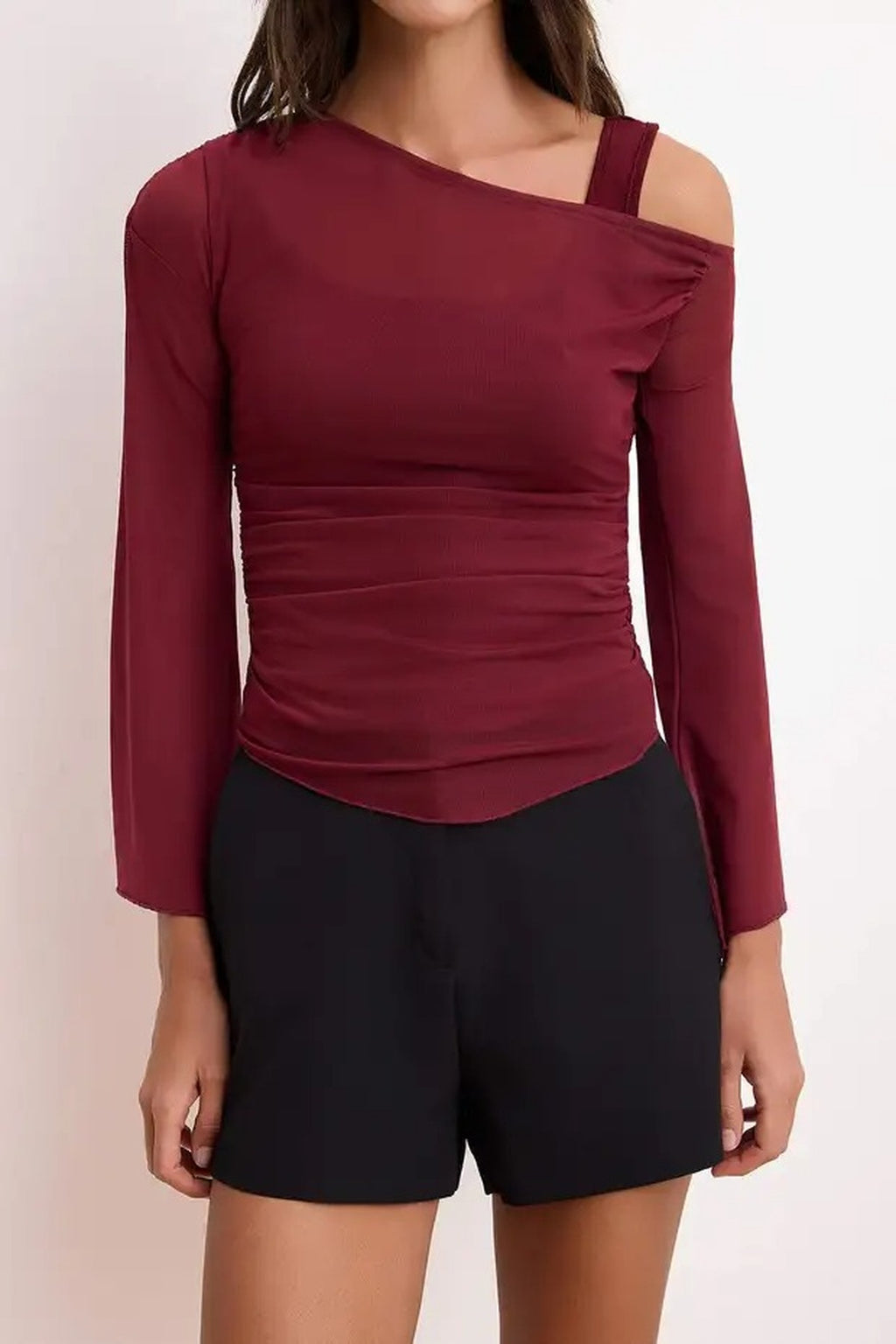 Fitted Asymmetric Neck Long Sleeve Ruched Mesh Blouse