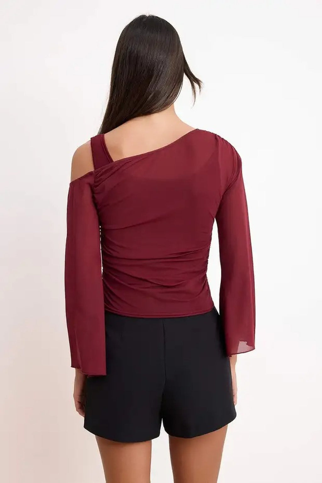 Fitted Asymmetric Neck Long Sleeve Ruched Mesh Blouse