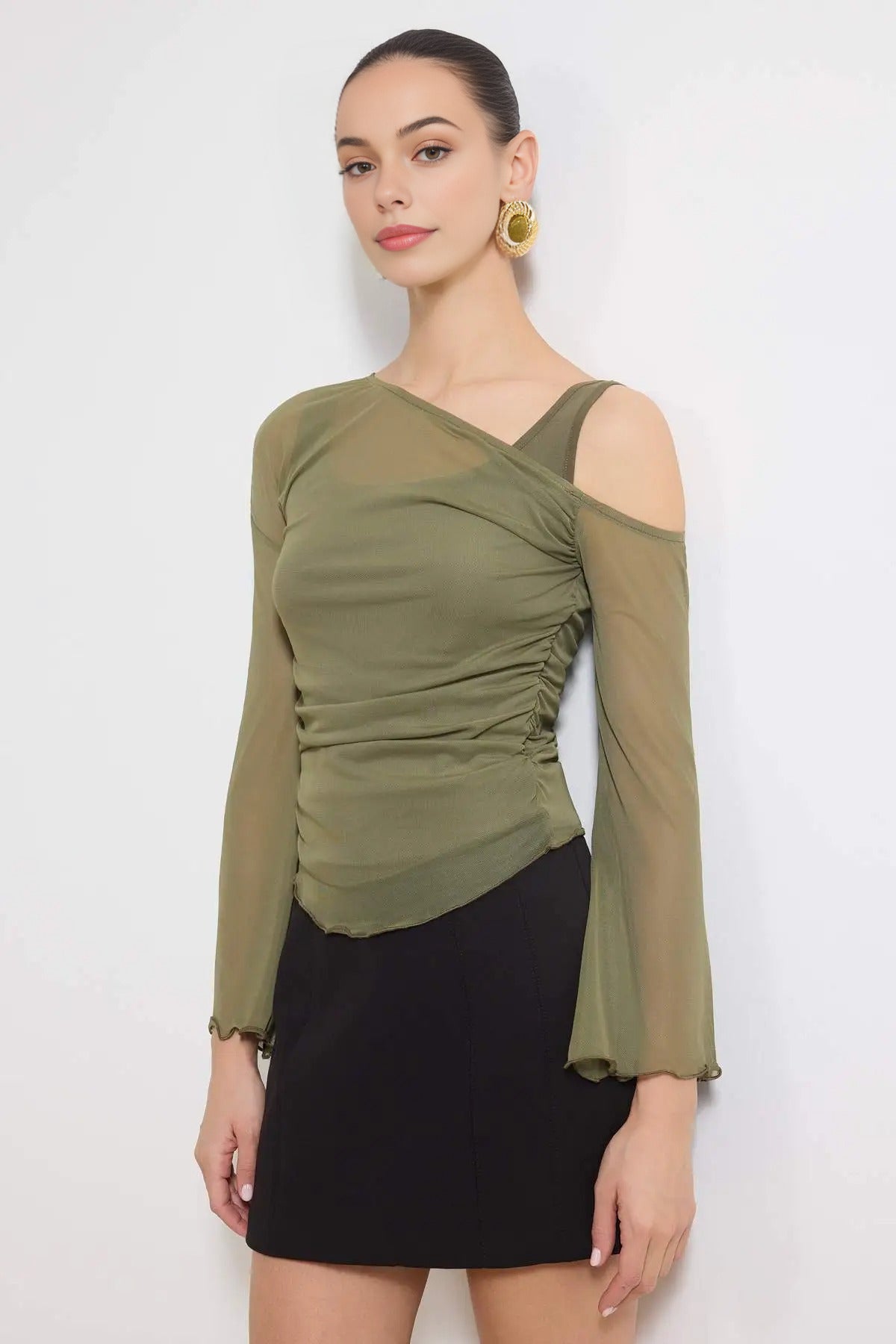 Fitted Asymmetric Neck Long Sleeve Ruched Mesh Blouse