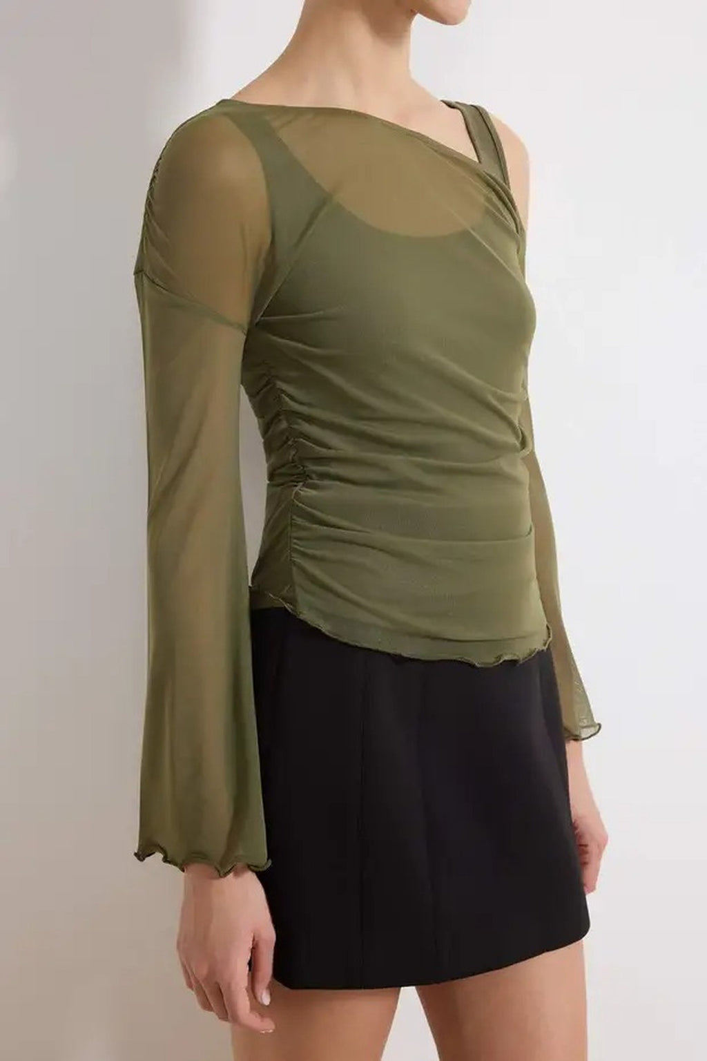 Fitted Asymmetric Neck Long Sleeve Ruched Mesh Blouse