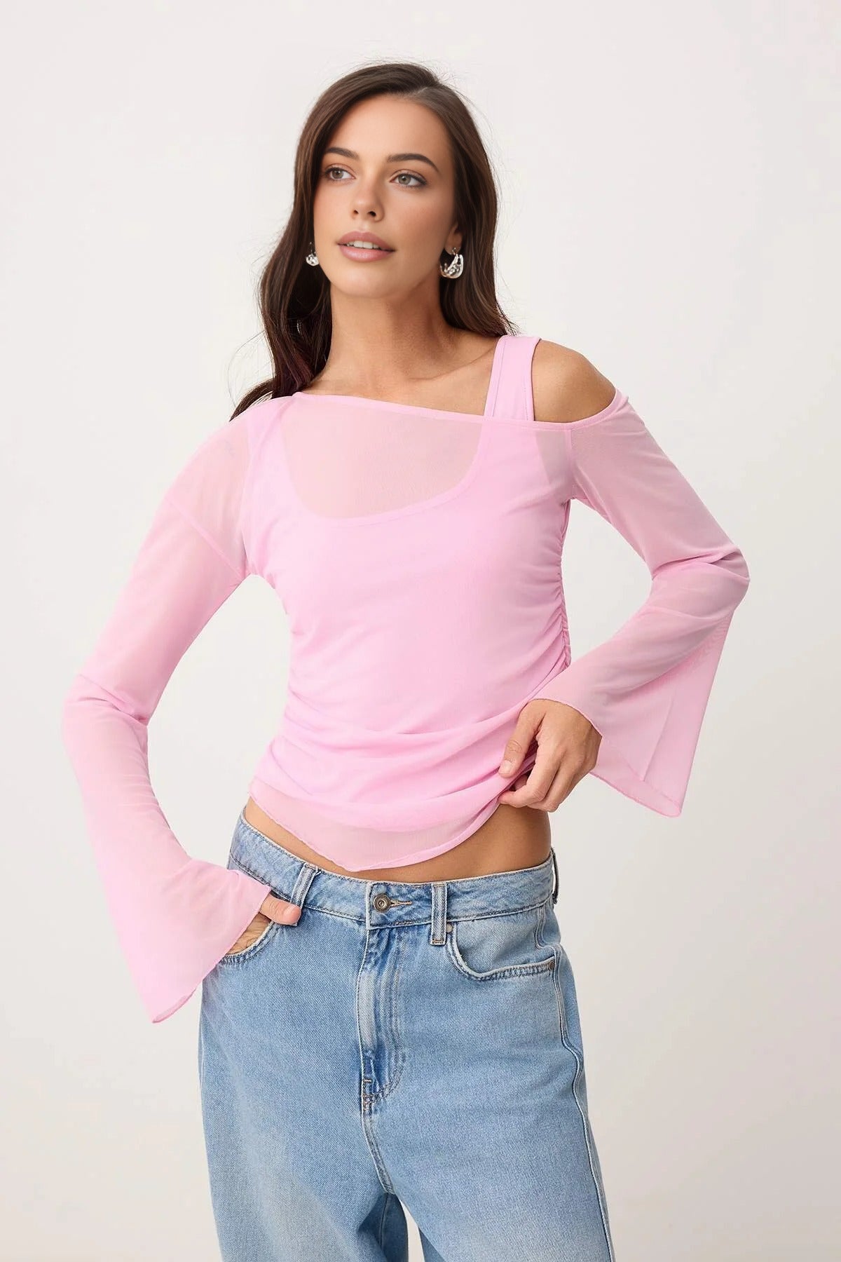 Fitted Asymmetric Neck Long Sleeve Ruched Mesh Blouse
