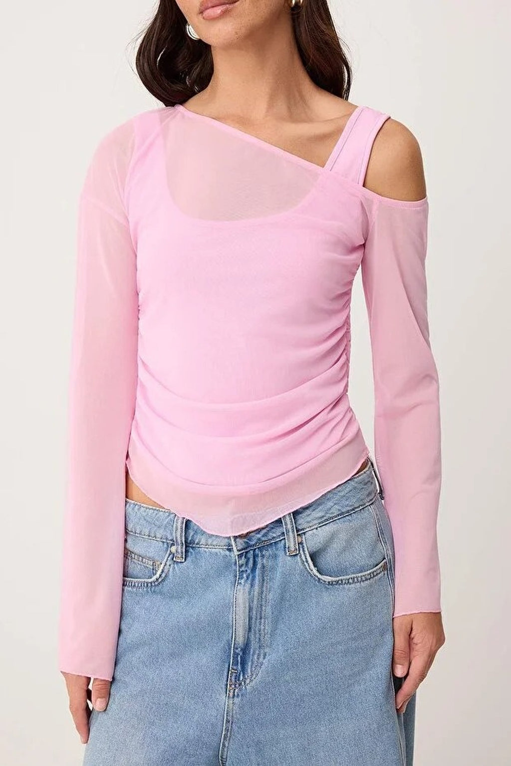 Fitted Asymmetric Neck Long Sleeve Ruched Mesh Blouse