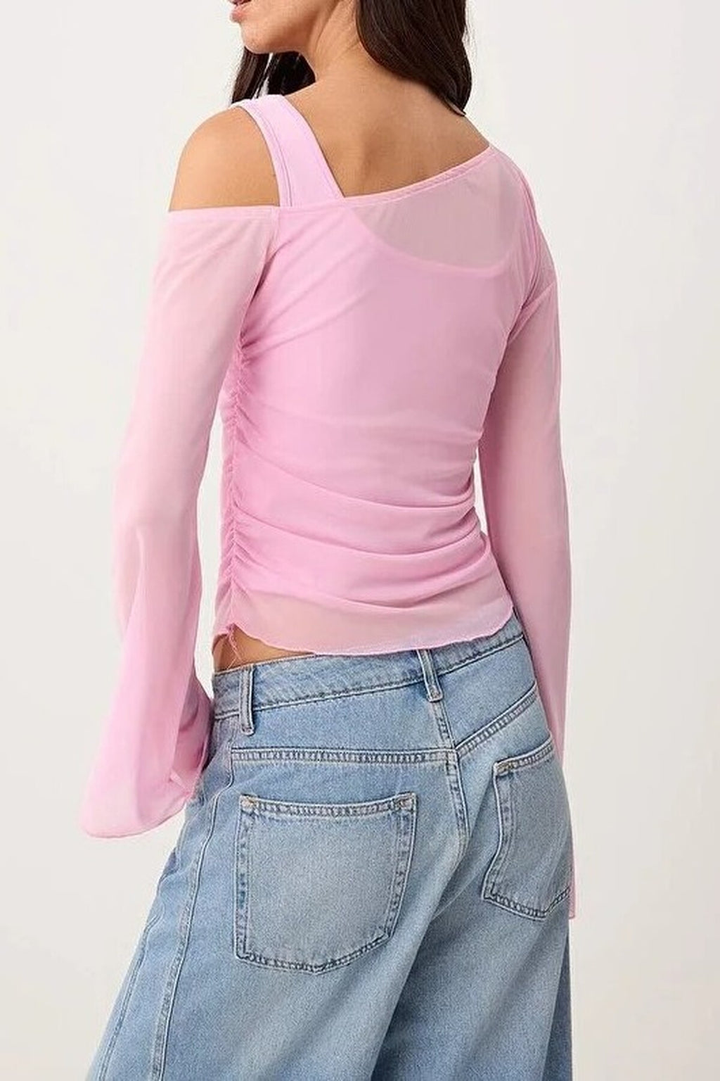 Fitted Asymmetric Neck Long Sleeve Ruched Mesh Blouse
