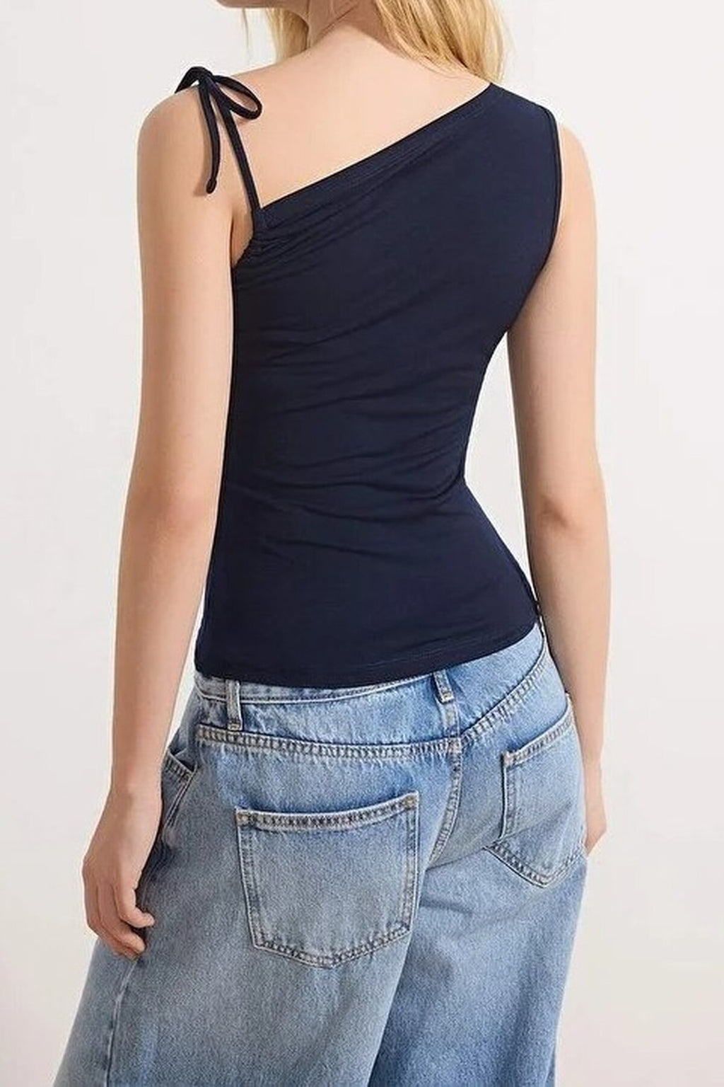 Fitted Asymmetrical Neckline Tie Detail Stretch Knit Blouse