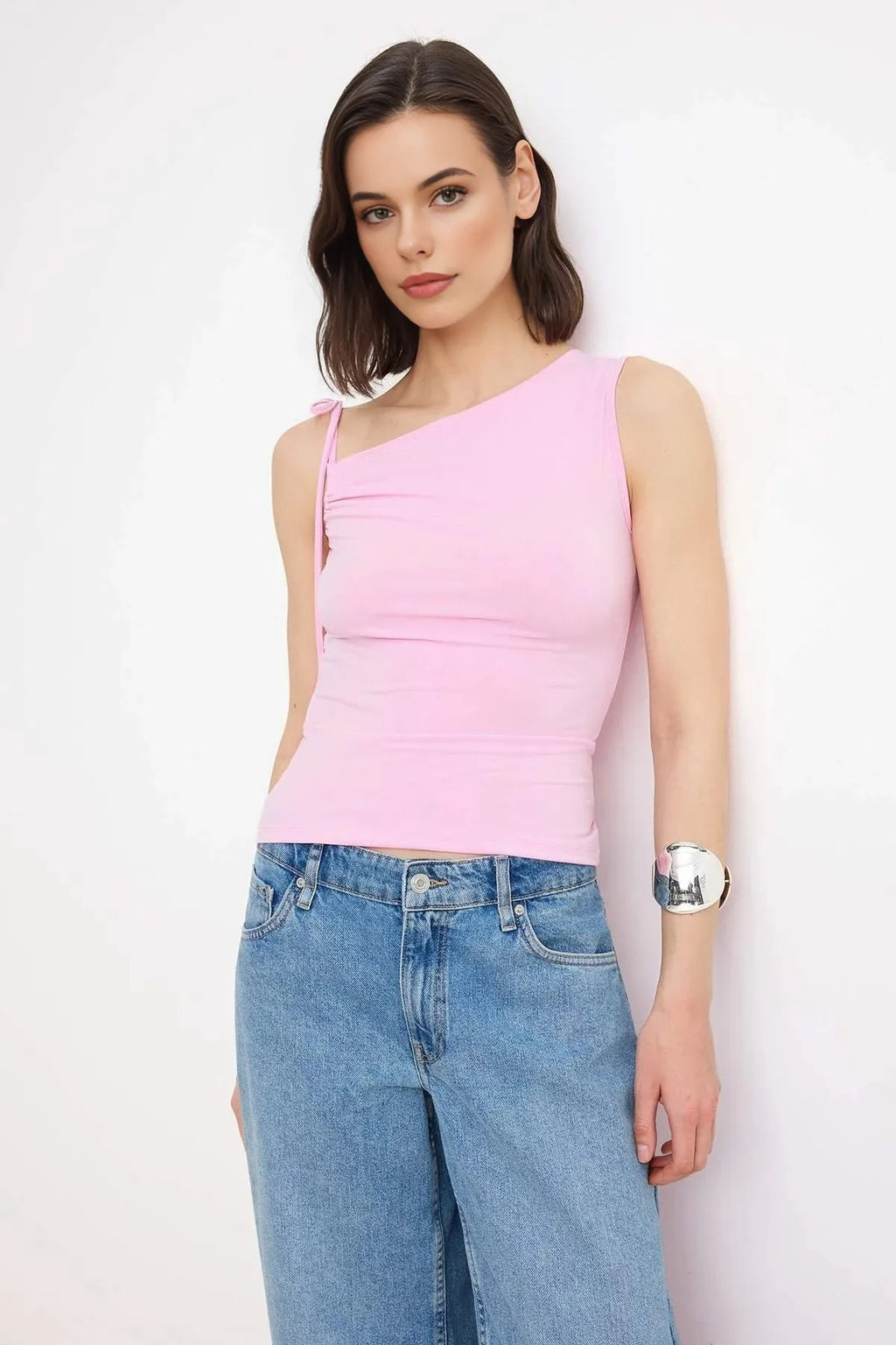 Fitted Asymmetrical Neckline Tie Detail Stretch Knit Blouse