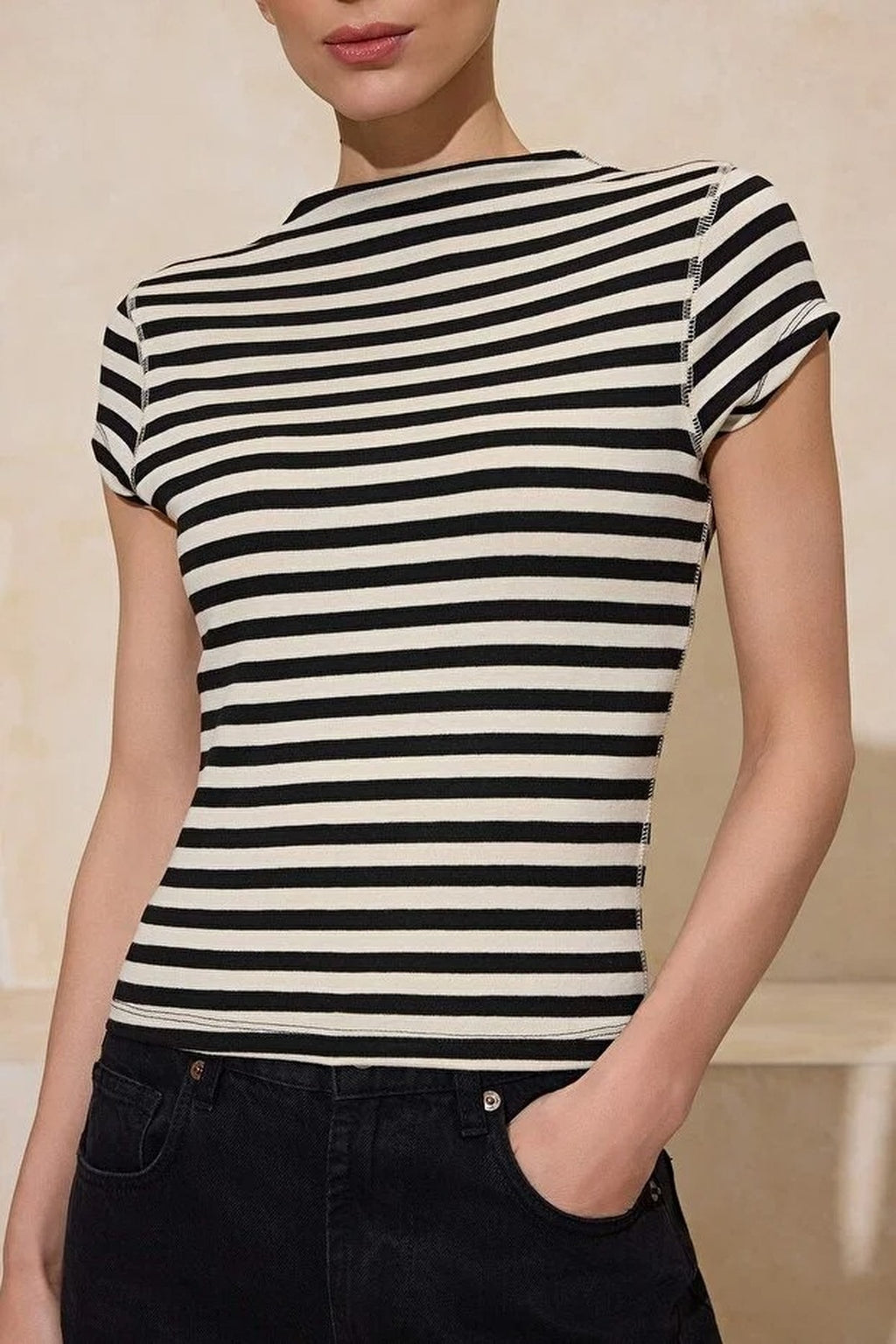 Striped Fitted High Neck Short Sleeve Soft Knit Blouse