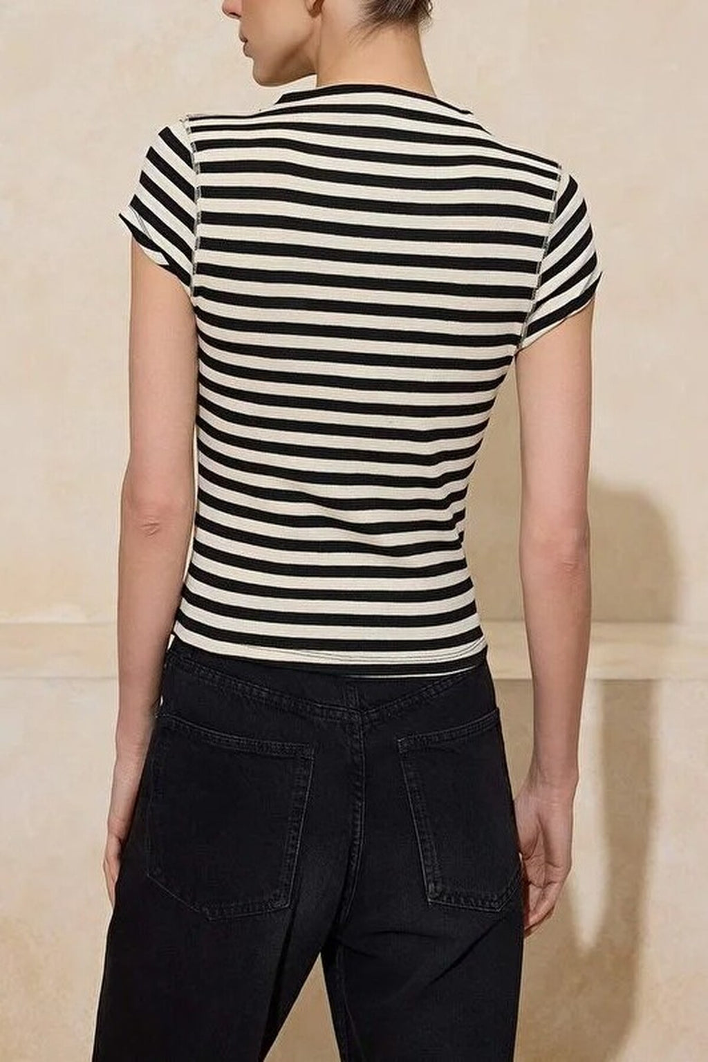 Striped Fitted High Neck Short Sleeve Soft Knit Blouse