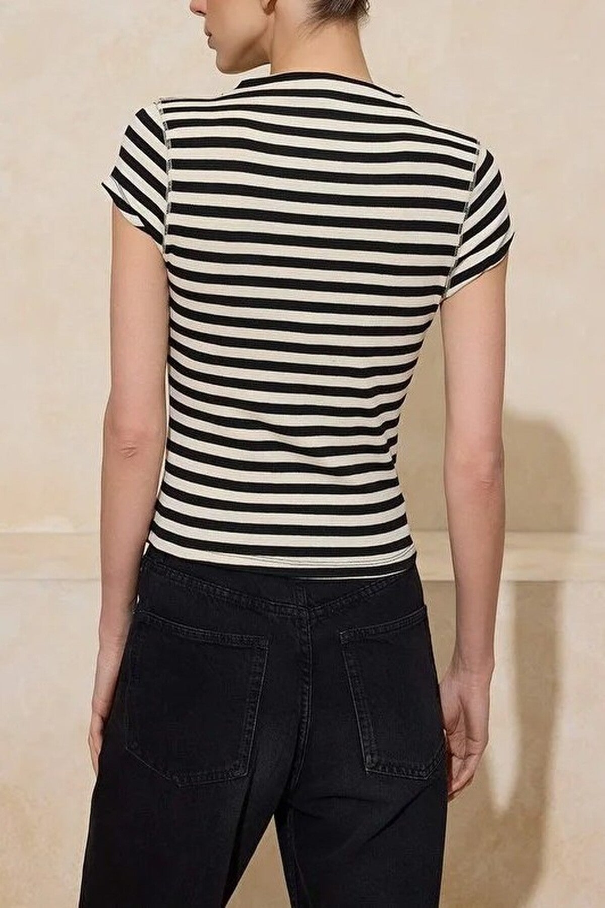 Striped Fitted High Neck Short Sleeve Soft Knit Blouse
