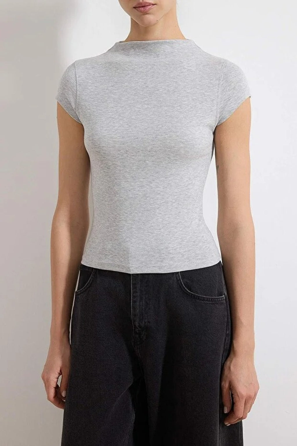 Striped Fitted High Neck Short Sleeve Soft Knit Blouse
