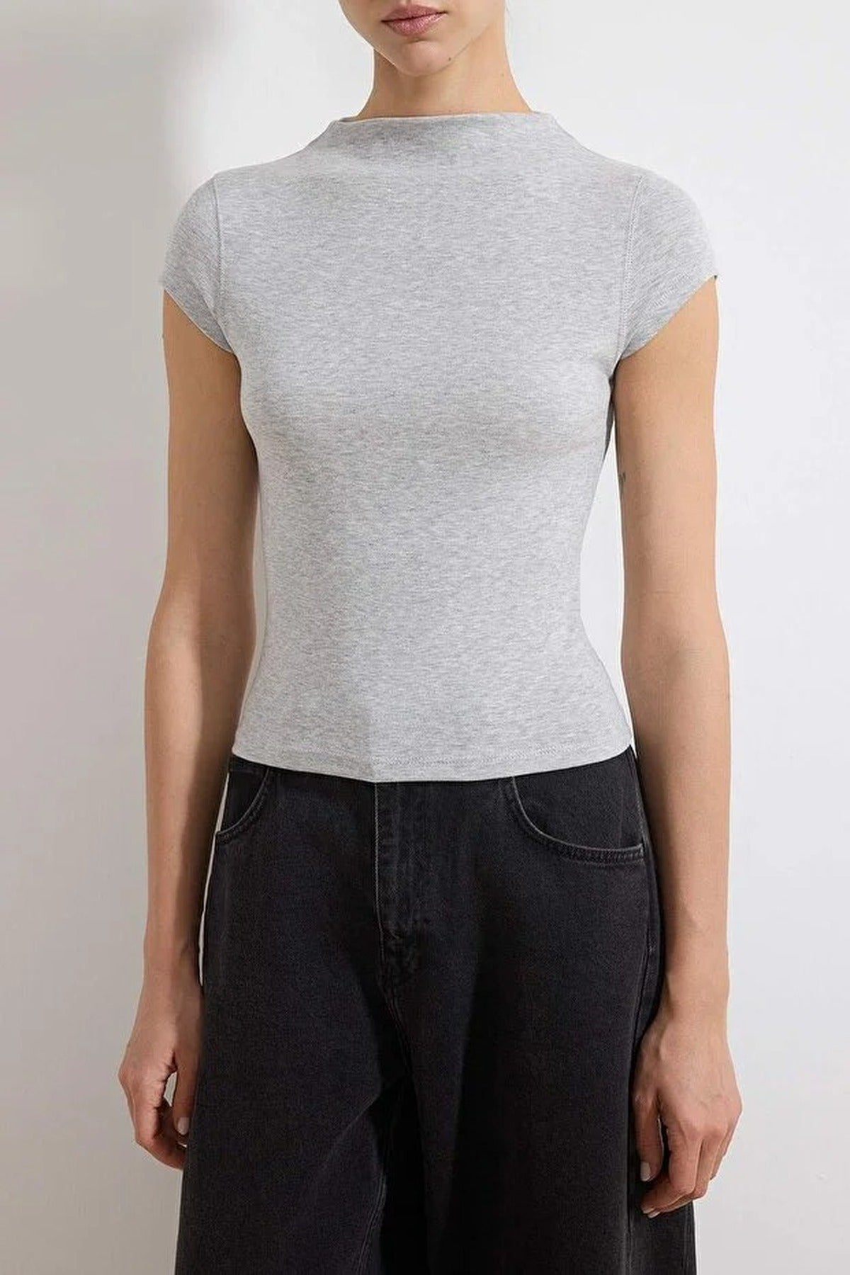Striped Fitted High Neck Short Sleeve Soft Knit Blouse