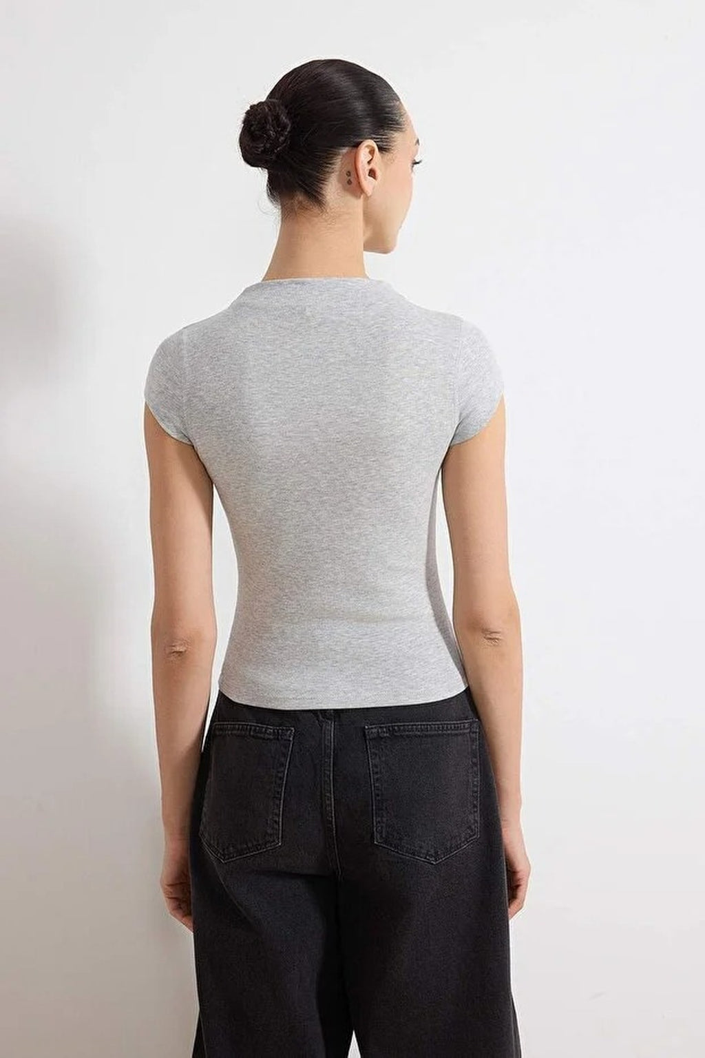 Striped Fitted High Neck Short Sleeve Soft Knit Blouse