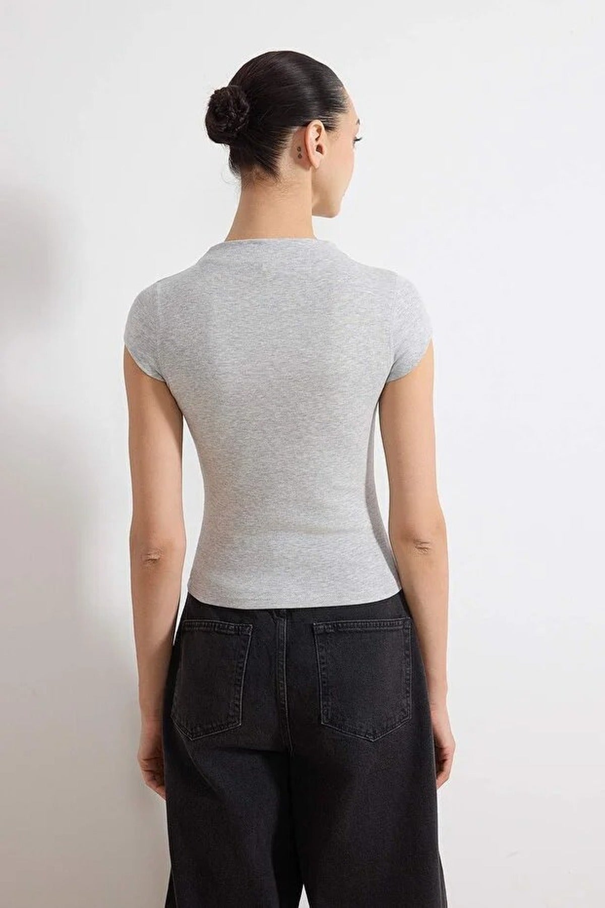 Striped Fitted High Neck Short Sleeve Soft Knit Blouse