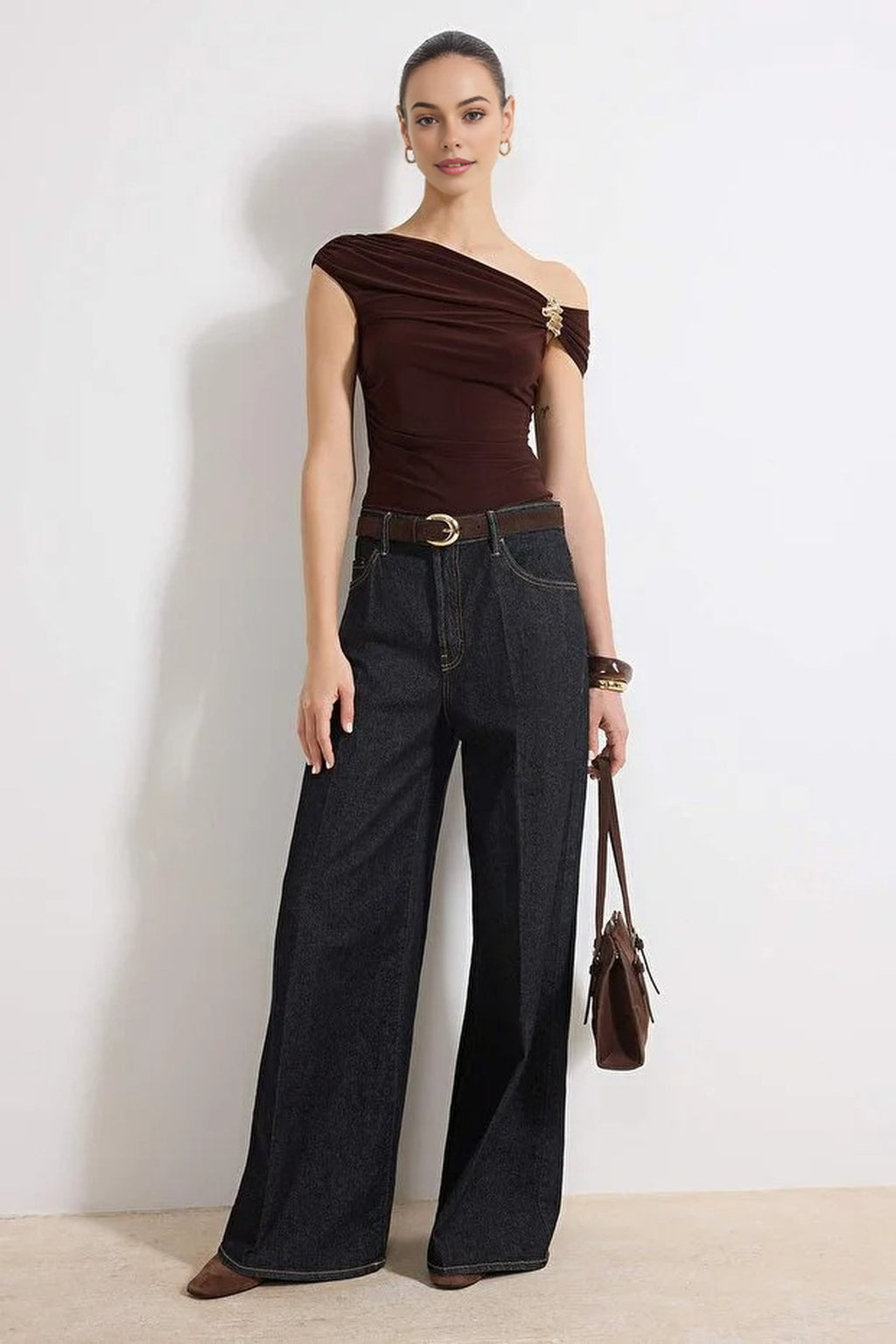 Fitted Asymmetrical Neckline Blouse with Accessory Detail Knit
